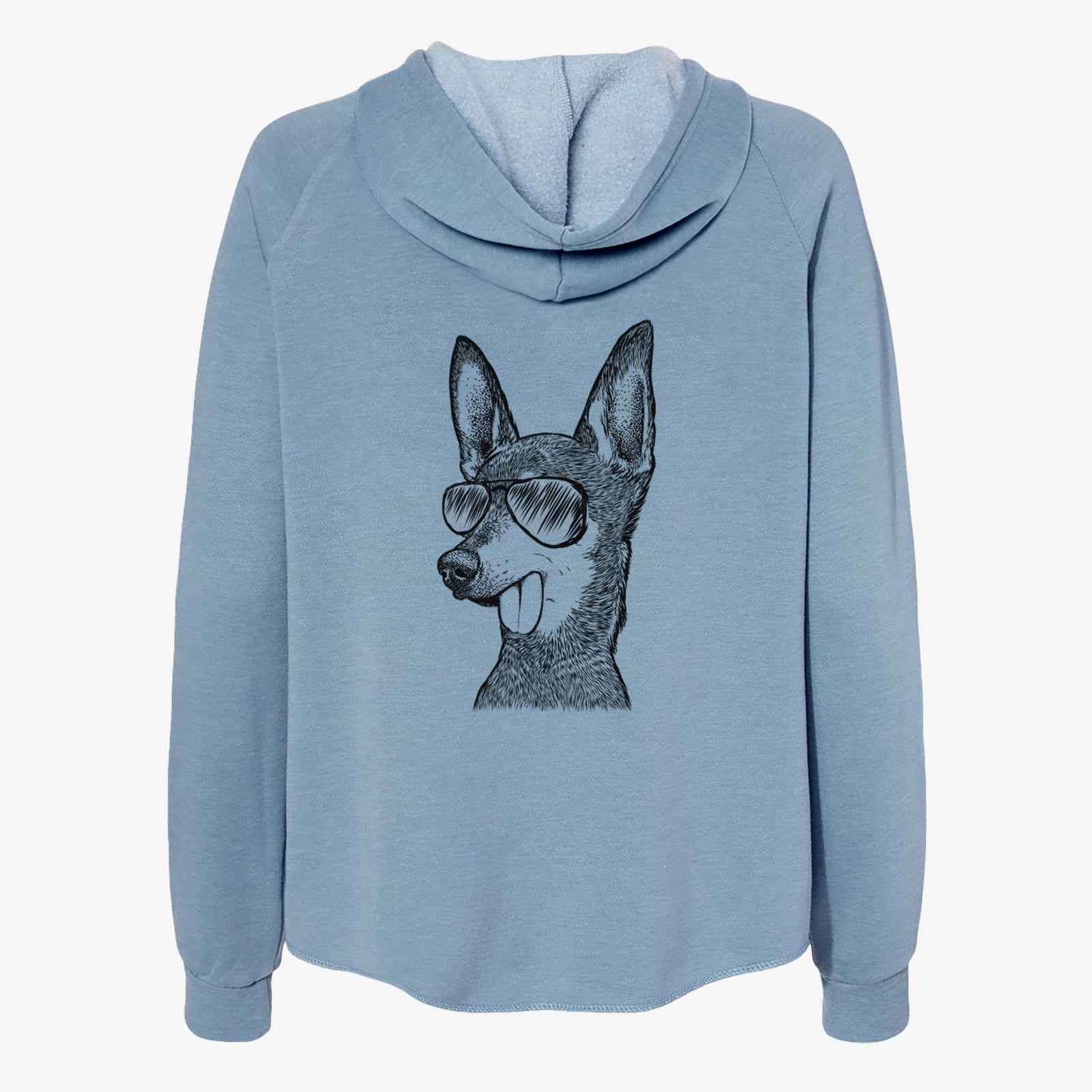 Hand-drawn sketch of Aaron the Chihuahua wearing aviator sunglasses on a Misty Blue Women's cali wave zip-up sweatshirt