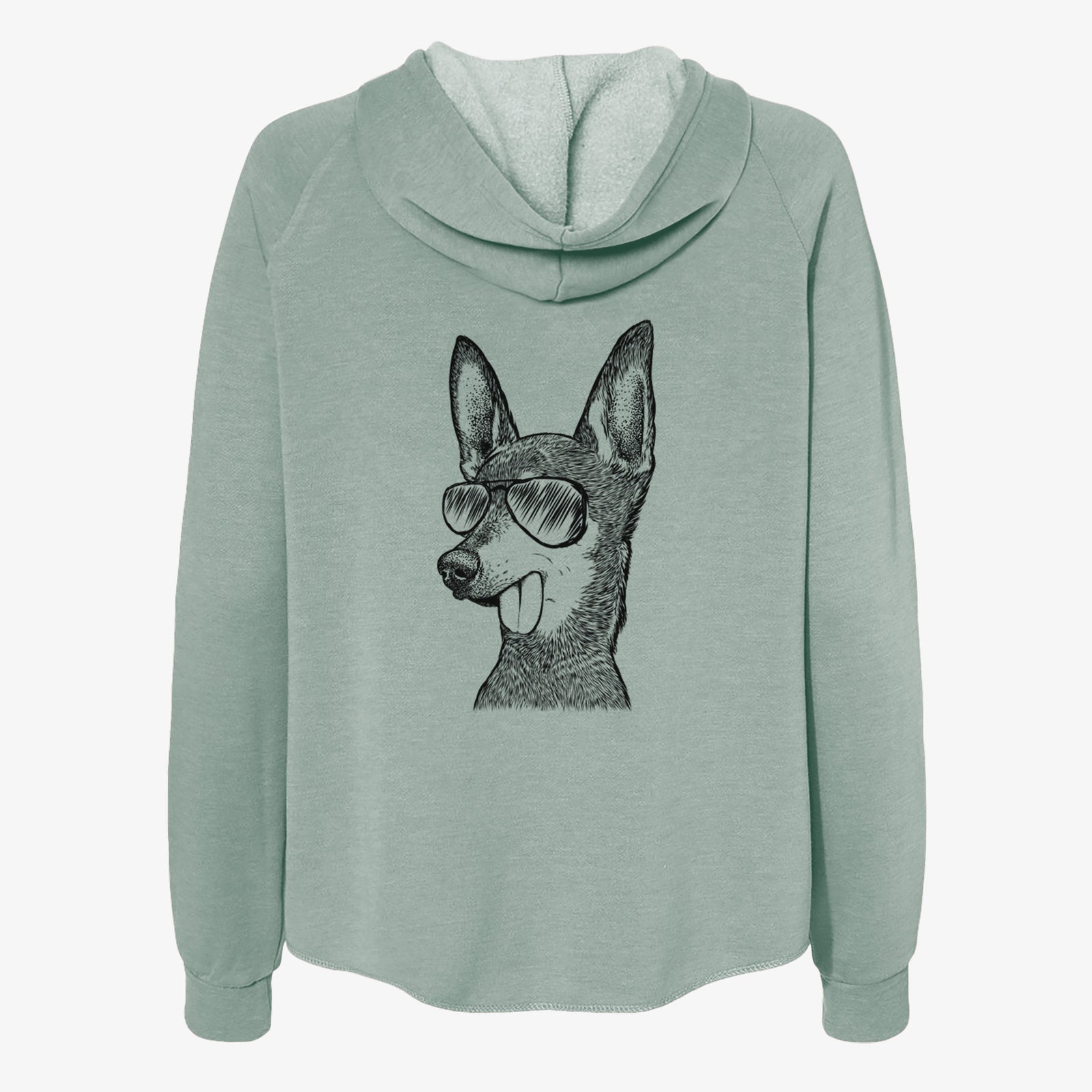 Hand-drawn sketch of Aaron the Chihuahua wearing aviator sunglasses on a Sage Women's cali wave zip-up sweatshirt