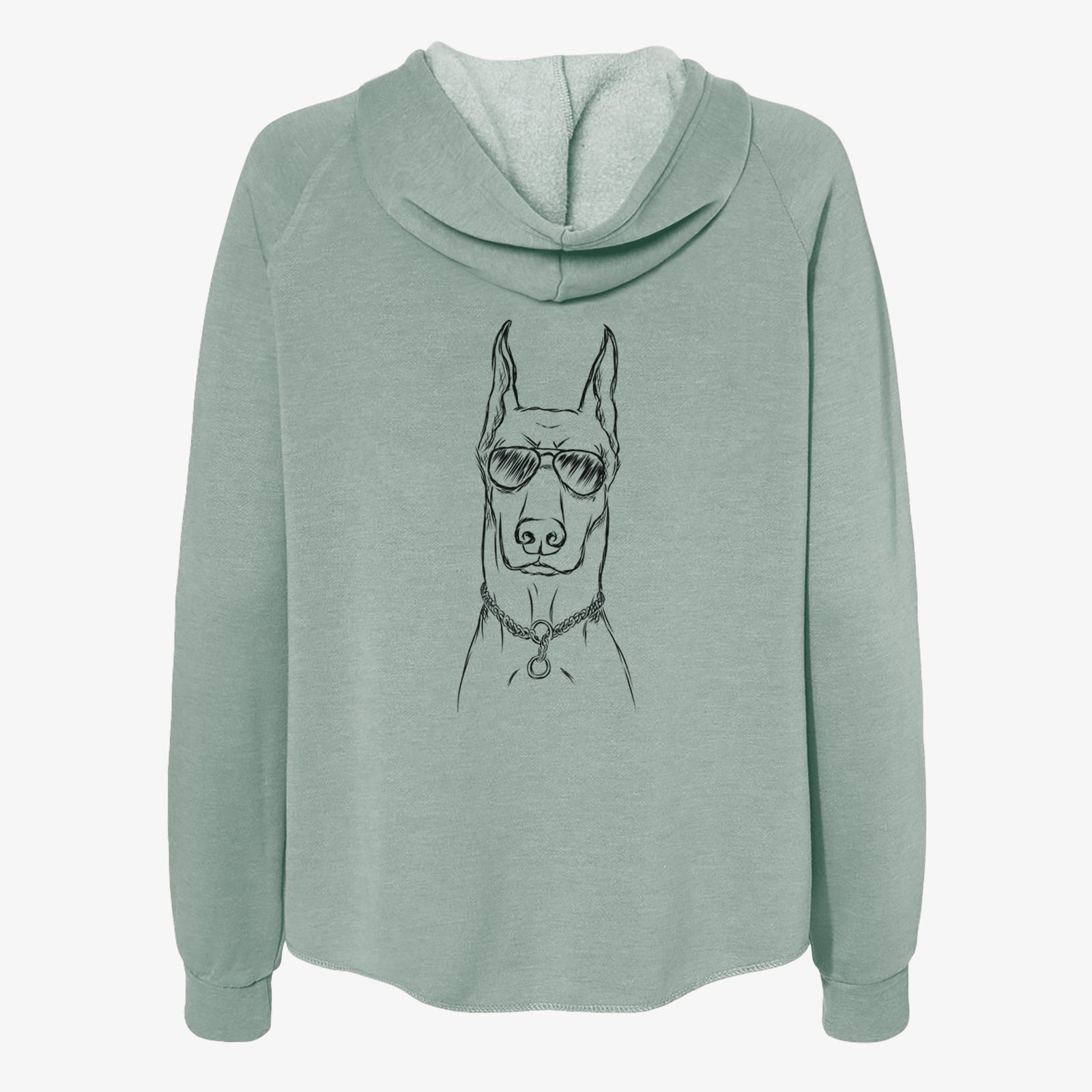Hand-drawn sketch of Ace the Doberman Pinscher wearing aviator sunglasses on a Sage Women's cali wave zip-up sweatshirt