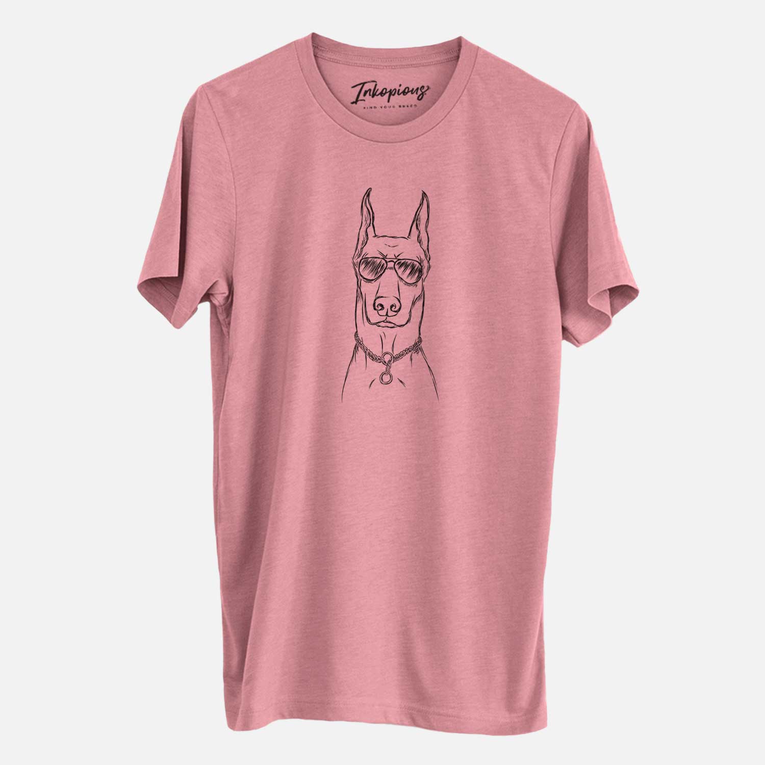 Hand-drawn sketch of Ace the Doberman Pinscher wearing aviator sunglasses on a Mauve Unisex crewneck
