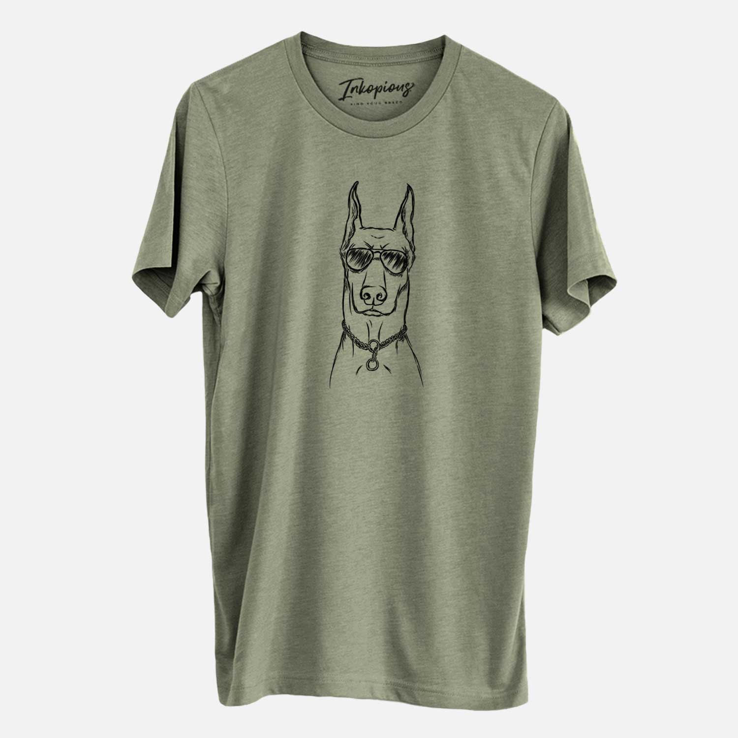 Hand-drawn sketch of Ace the Doberman Pinscher wearing aviator sunglasses on an Olive Unisex crewneck
