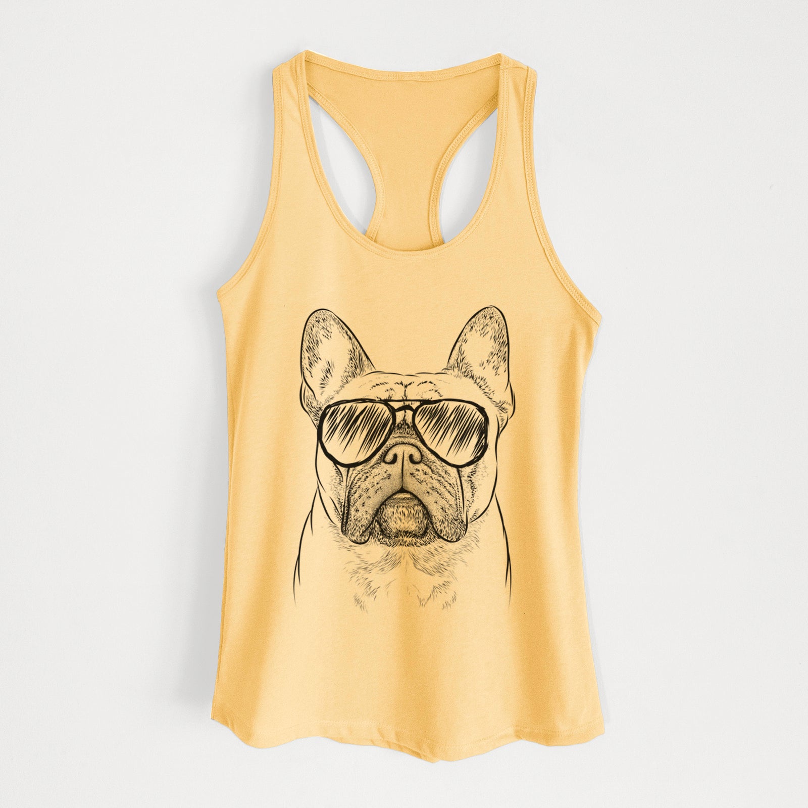 Hand-drawn sketch of Acelynn the French Bulldog wearing aviator sunglasses on a Banana Cream Women's racerback tanktop