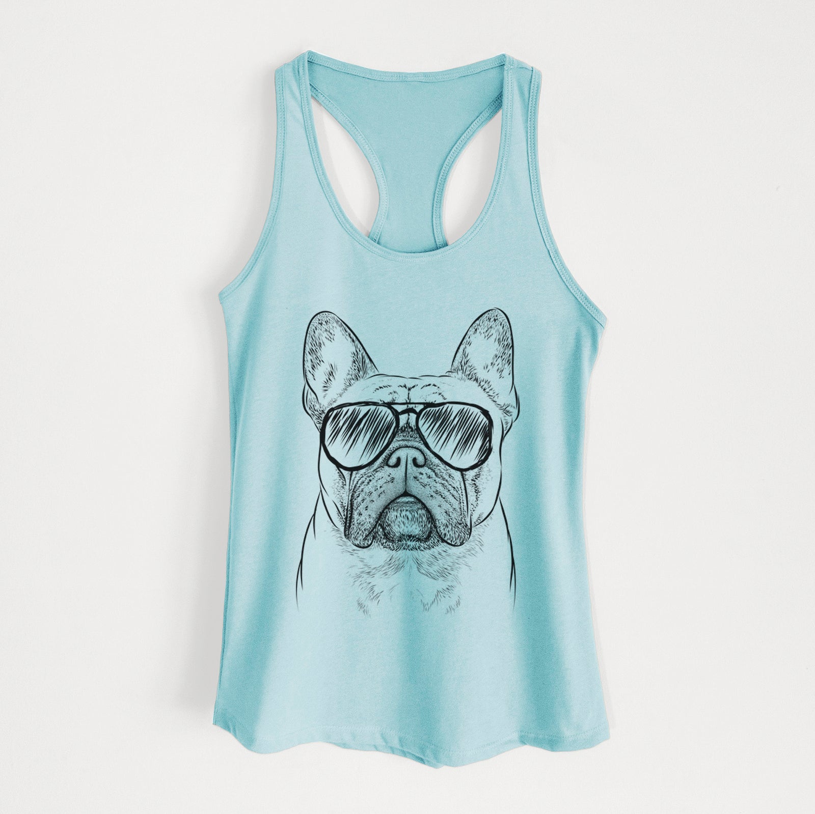 Hand-drawn sketch of Acelynn the French Bulldog wearing aviator sunglasses on a Cancun Blue Women's racerback tanktop