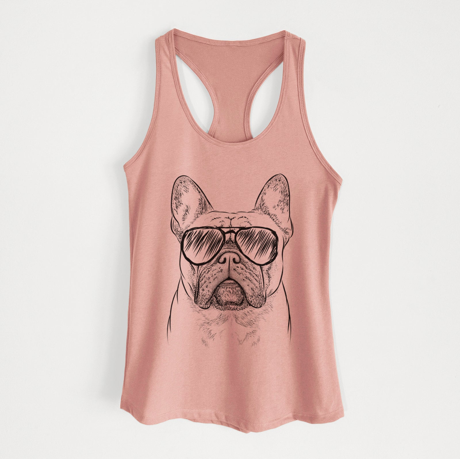 Hand-drawn sketch of Acelynn the French Bulldog wearing aviator sunglasses on a Desert Pink Women's racerback tanktop