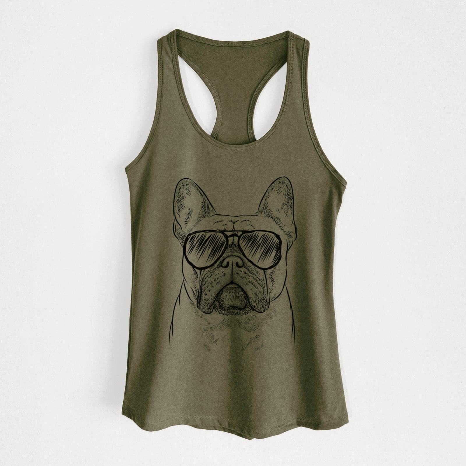Hand-drawn sketch of Acelynn the French Bulldog wearing aviator sunglasses on a Military Green Women's racerback tanktop