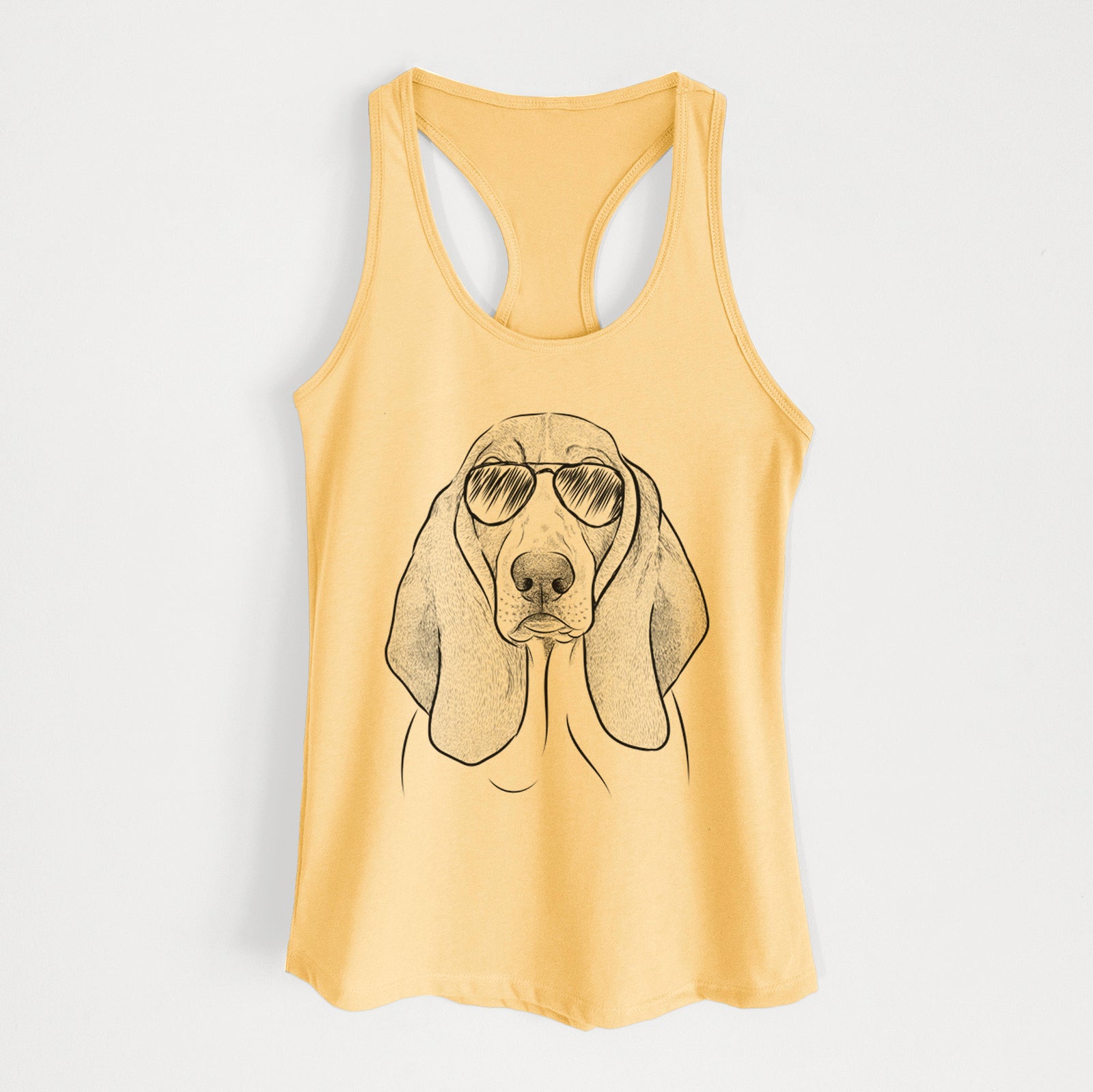 Hand-drawn sketch of Addison the Basset Hound wearing aviator sunglasses on a Banana Cream Women's racerback tanktop