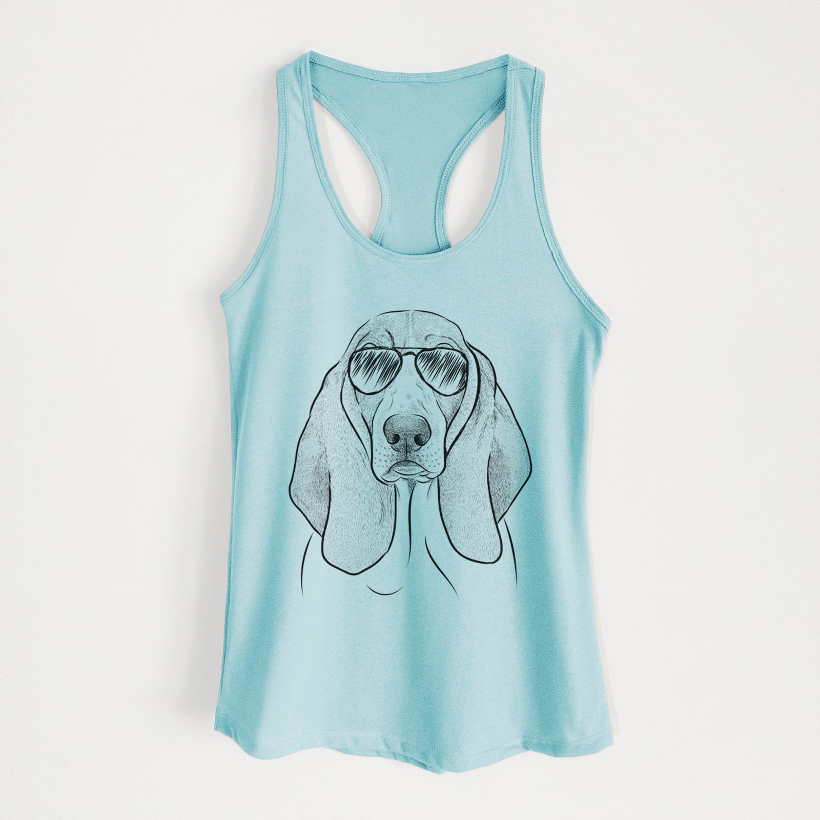 Hand-drawn sketch of Addison the Basset Hound wearing aviator sunglasses on a Cancun Blue Women's racerback tanktop
