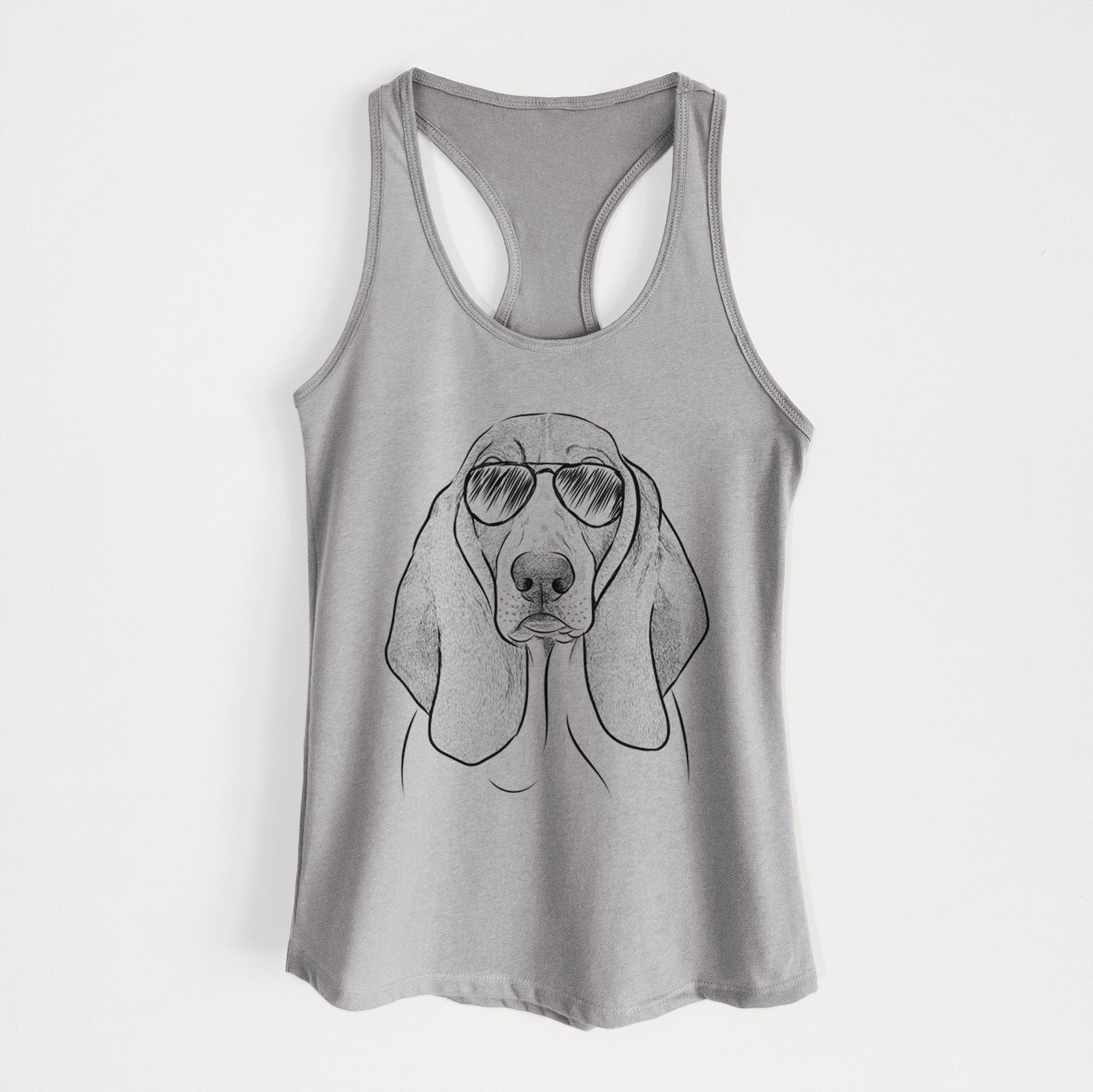 Hand-drawn sketch of Addison the Basset Hound wearing aviator sunglasses on a Heather Grey Women's racerback tanktop