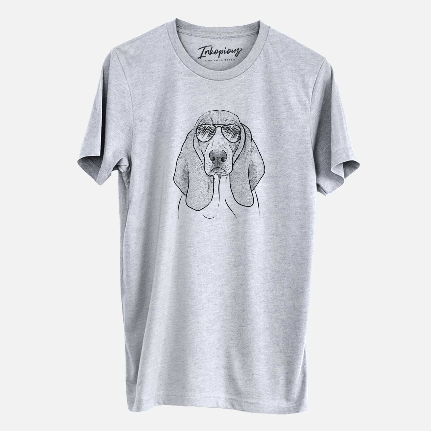 Hand-drawn sketch of Addison the Basset Hound wearing aviator sunglasses on a Grey Unisex crewneck