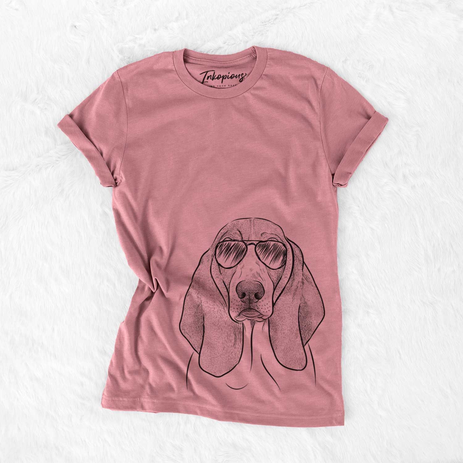 Hand-drawn sketch of Addison the Basset Hound wearing aviator sunglasses on a Mauve Unisex crewneck
