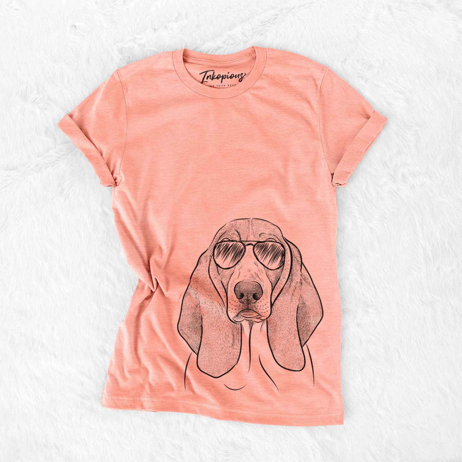 Hand-drawn sketch of Addison the Basset Hound wearing aviator sunglasses on a Sunset Bella Canvas Unisex Crewneck