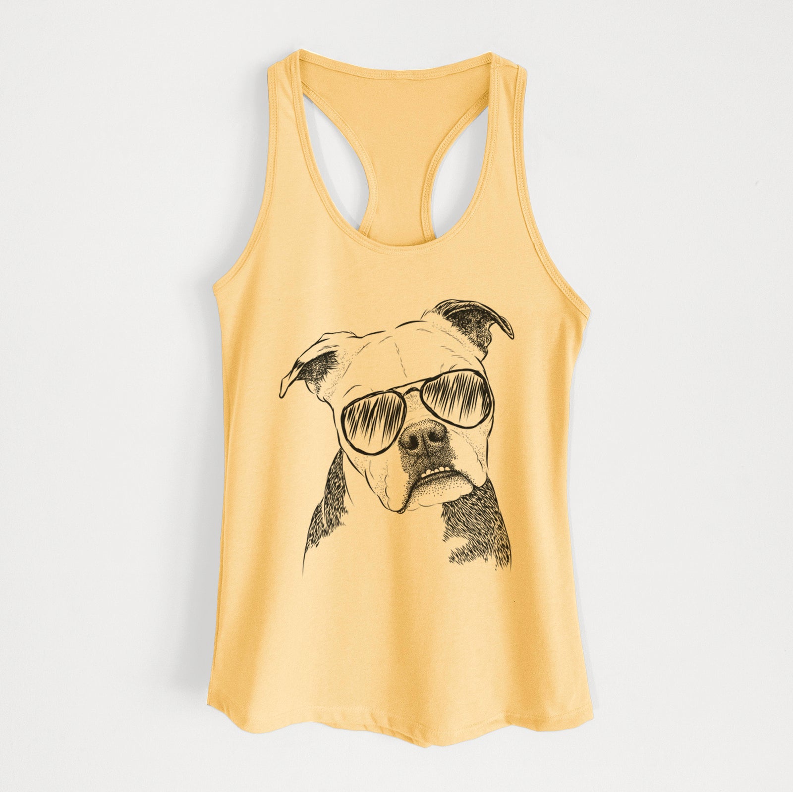 Hand-drawn sketch of Aggy the Olde English Bulldogge wearing aviator sunglasses on a Banana Cream Women's racerback tanktop
