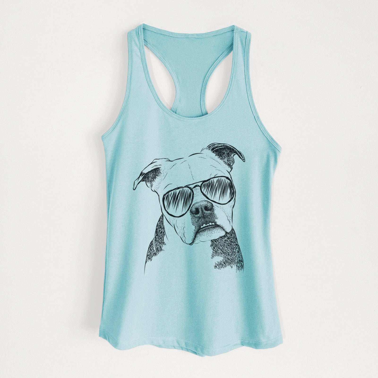 Hand-drawn sketch of Aggy the Olde English Bulldogge wearing aviator sunglasses on a Cancun Blue Women's racerback tanktop