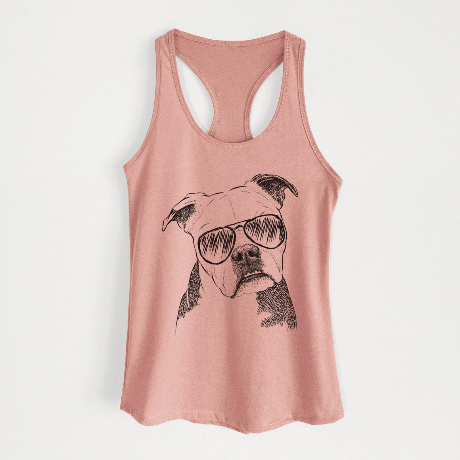 Hand-drawn sketch of Aggy the Olde English Bulldogge wearing aviator sunglasses on a Desert Pink Women's racerback tanktop