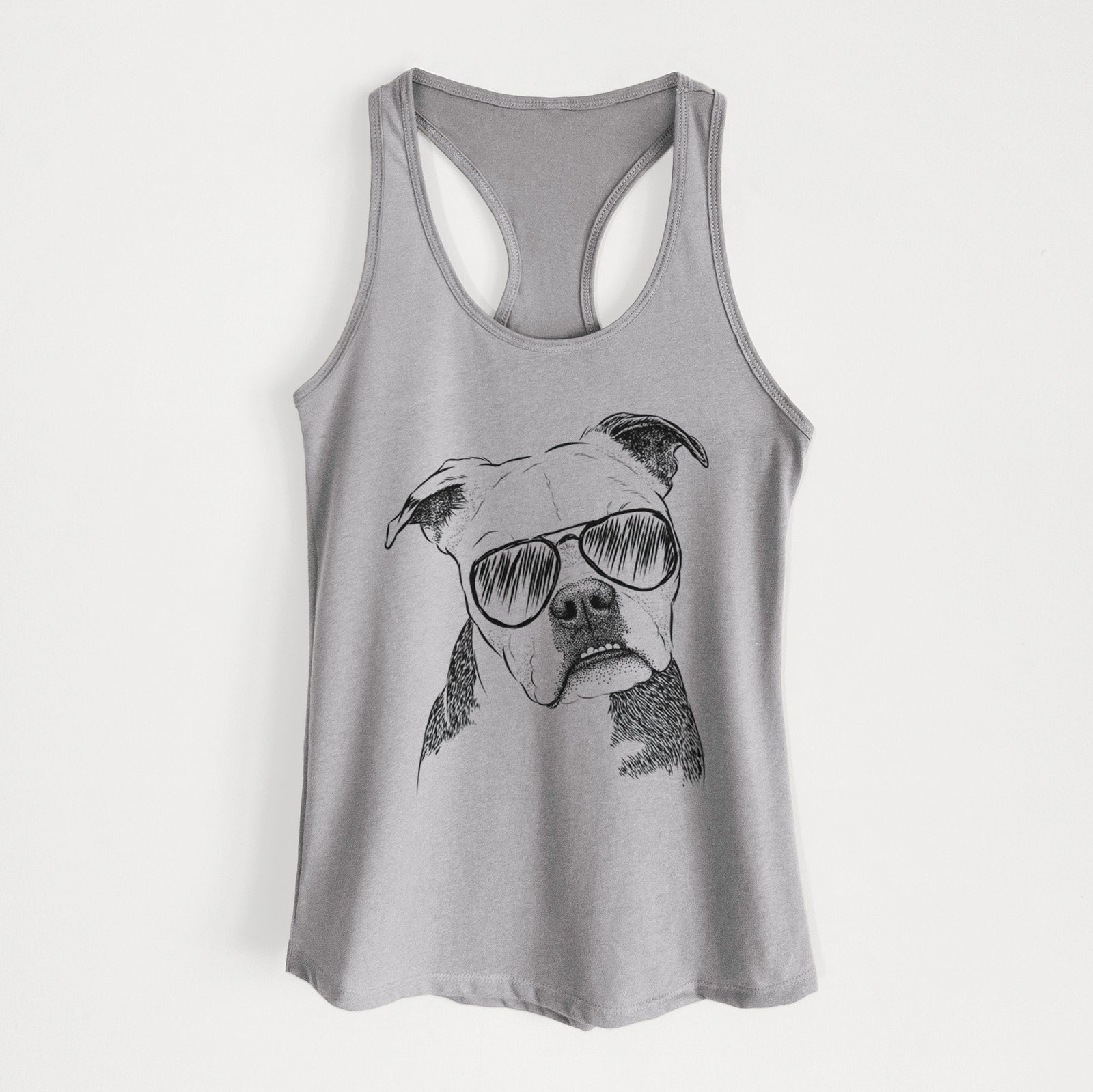 Hand-drawn sketch of Aggy the Olde English Bulldogge wearing aviator sunglasses on a Heather Grey Women's racerback tanktop
