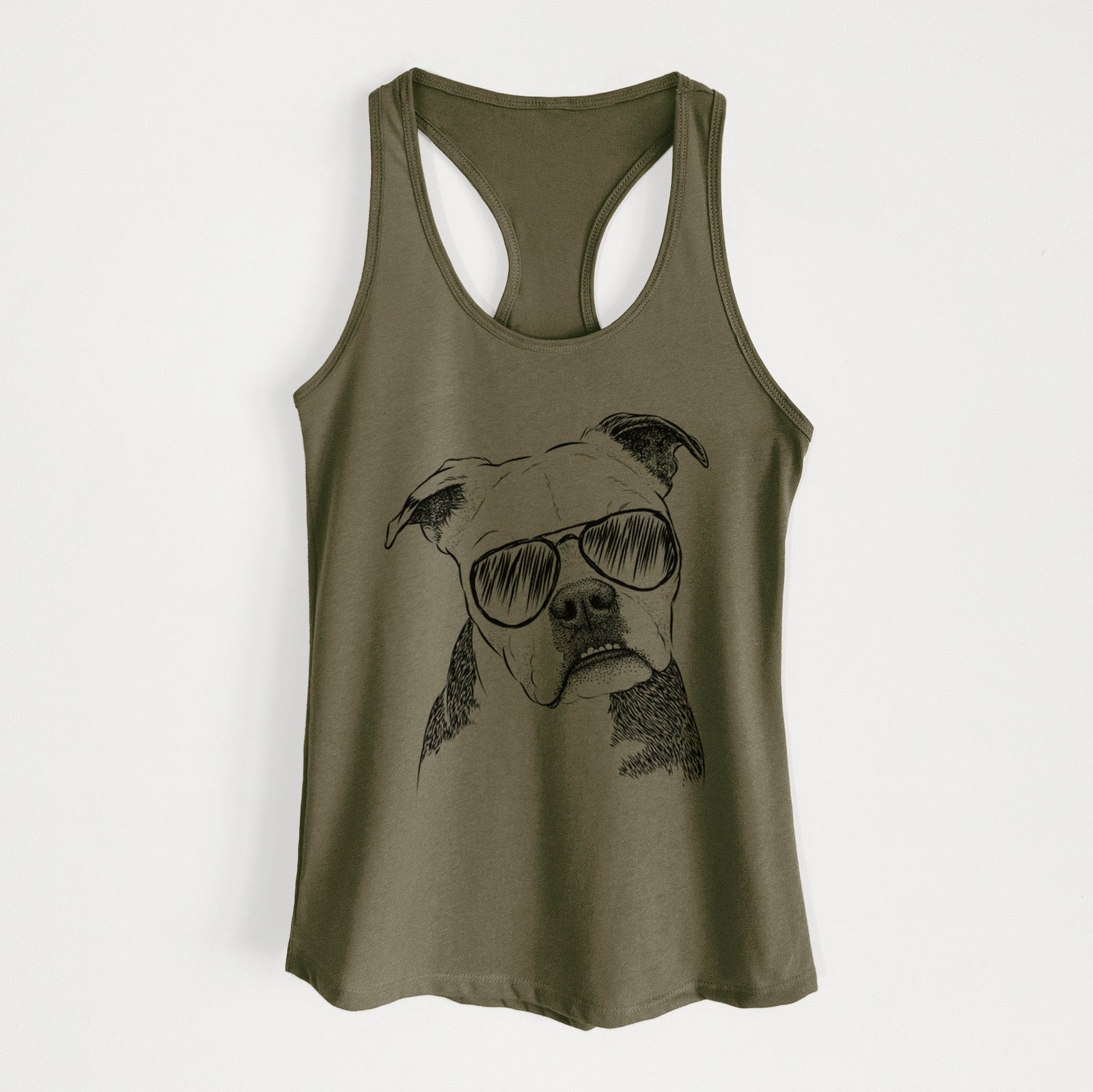 Hand-drawn sketch of Aggy the Olde English Bulldogge wearing aviator sunglasses on a Military Green Women's racerback tanktop