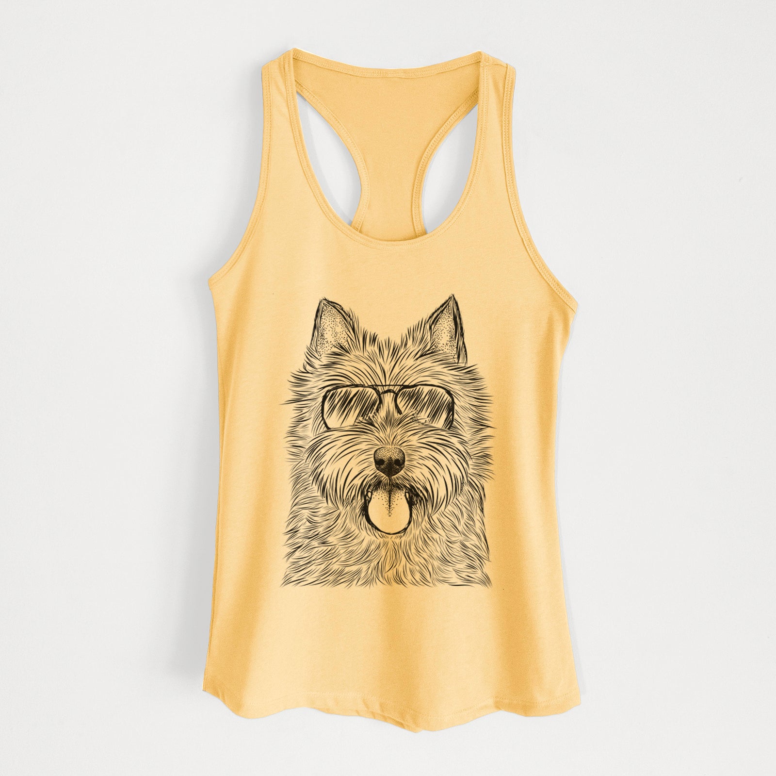 Hand-drawn sketch of Alfie the Norwich Terrier wearing aviator sunglasses on a Banana Cream Women's racerback tanktop