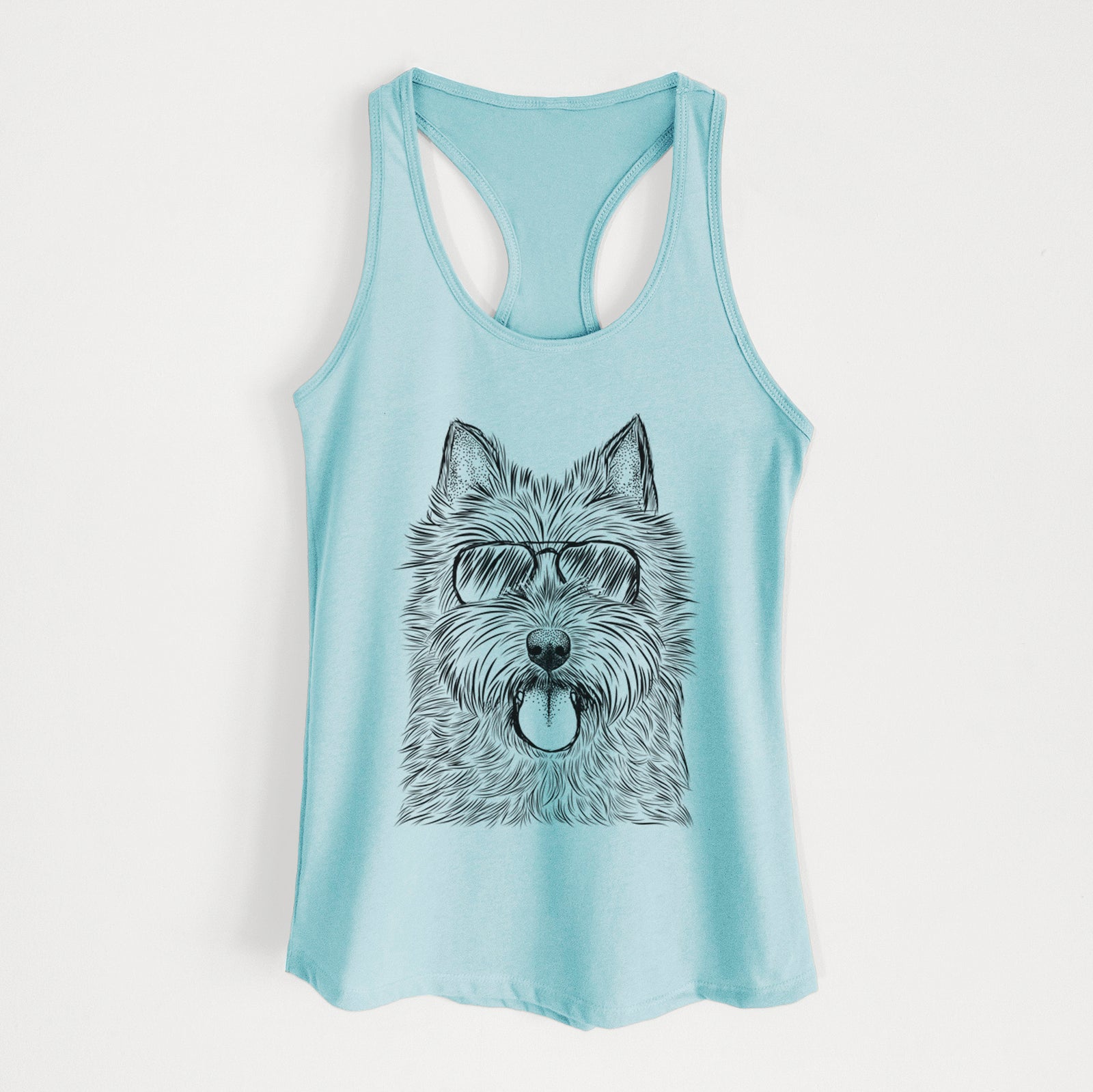 Hand-drawn sketch of Alfie the Norwich Terrier wearing aviator sunglasses on a Cancun Blue Women's racerback tanktop