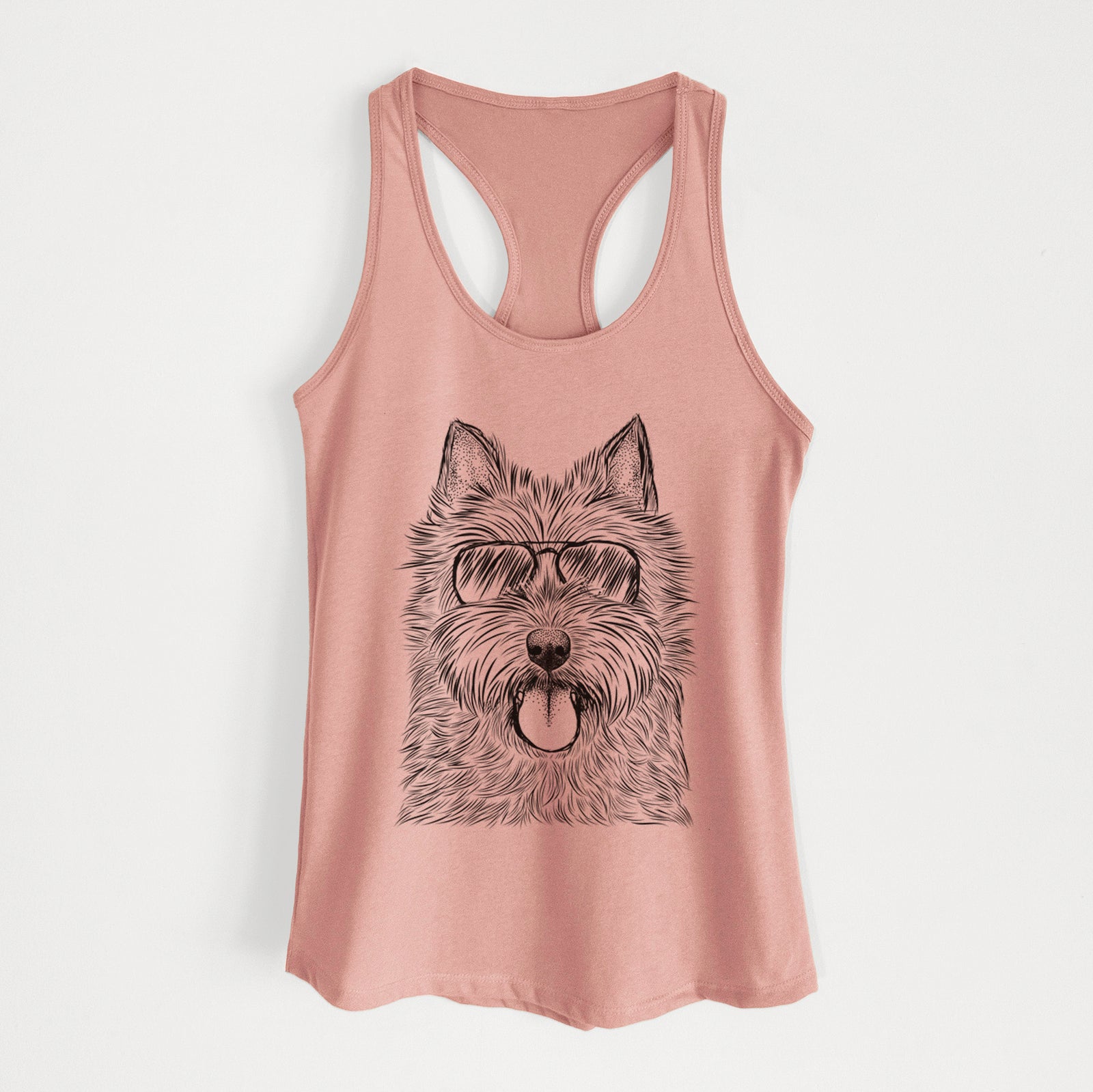 Hand-drawn sketch of Alfie the Norwich Terrier wearing aviator sunglasses on a Desert Pink Women's racerback tanktop