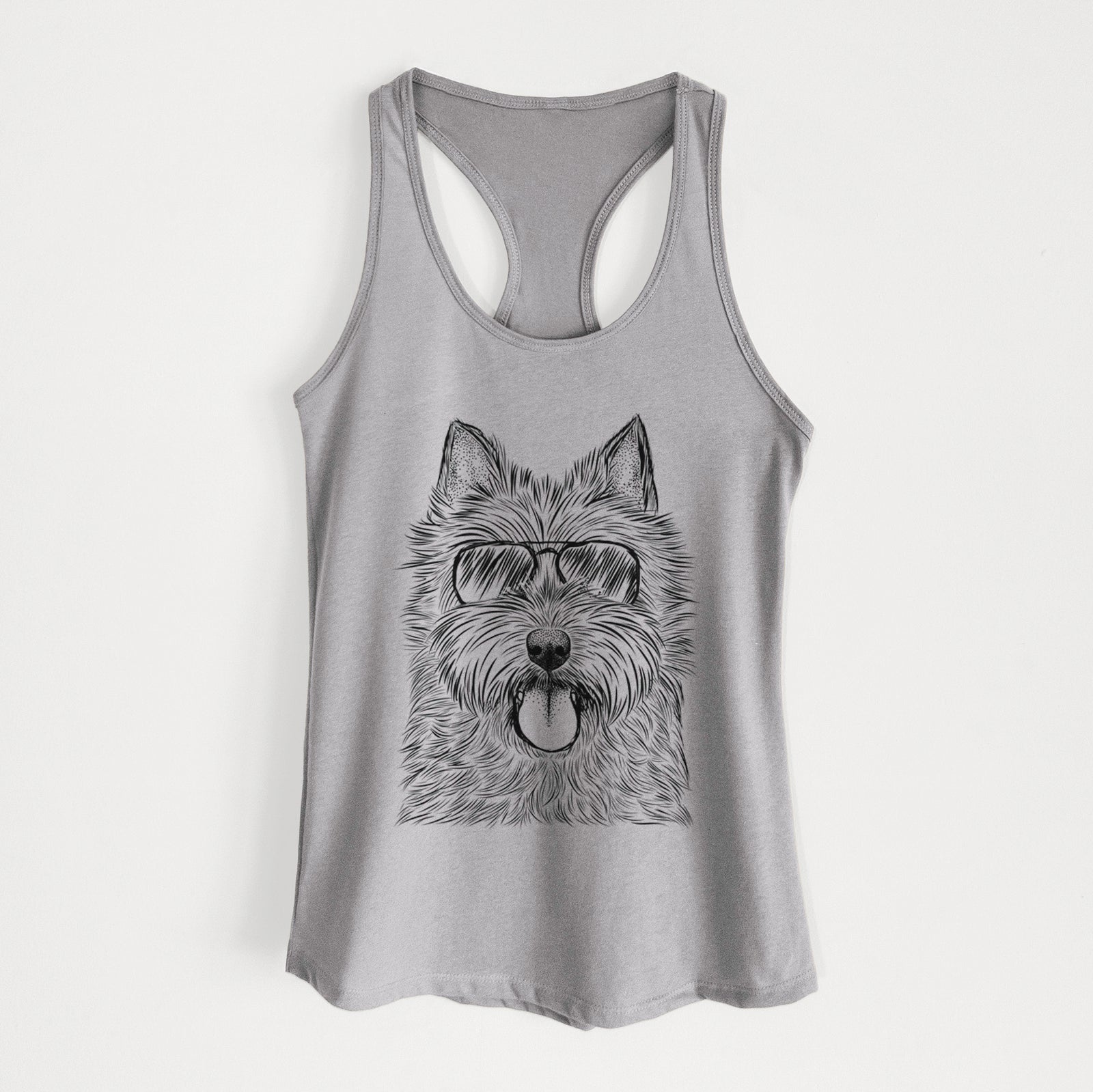 Hand-drawn sketch of Alfie the Norwich Terrier wearing aviator sunglasses on a Heather Grey Women's racerback tanktop