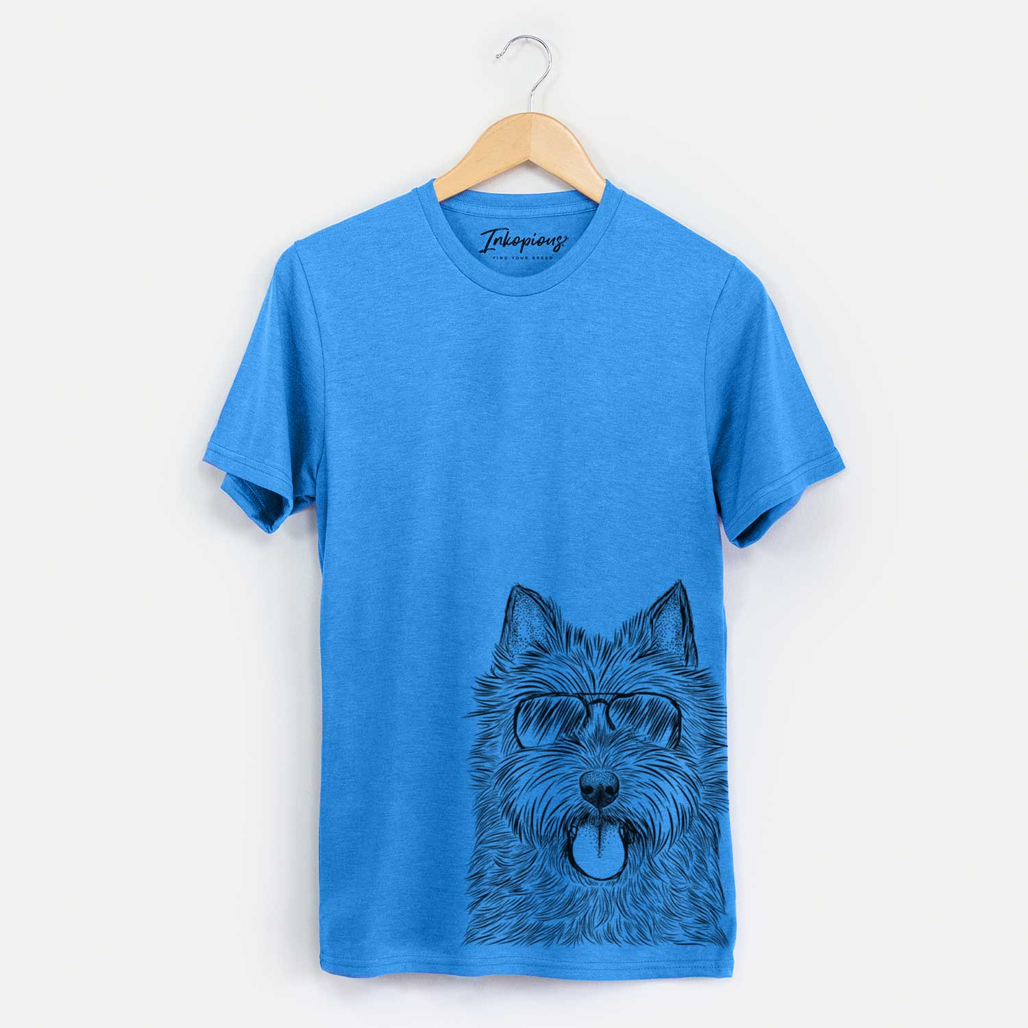 Hand-drawn sketch of Alfie the Norwich Terrier wearing aviator sunglasses on a Blue Unisex crewneck
