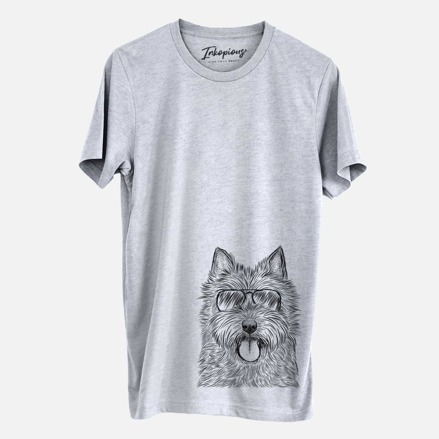 Hand-drawn sketch of Alfie the Norwich Terrier wearing aviator sunglasses on a Grey Unisex crewneck