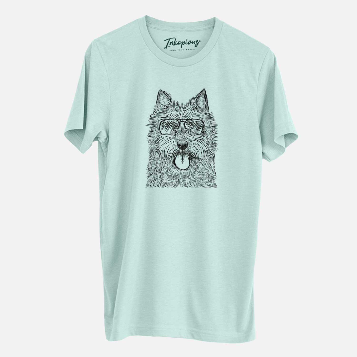 Hand-drawn sketch of Alfie the Norwich Terrier wearing aviator sunglasses on a Heather Sage Unisex crewneck