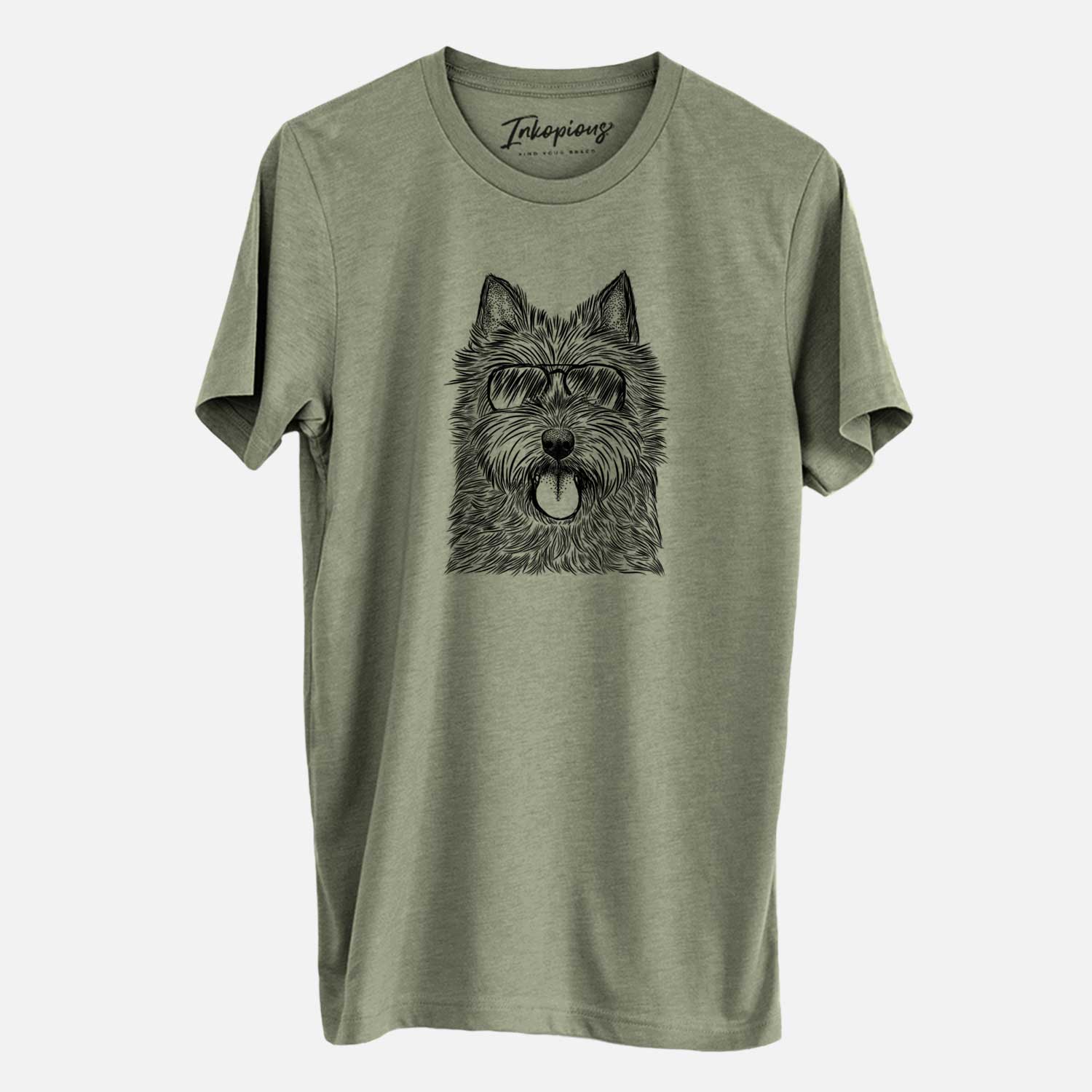 Hand-drawn sketch of Alfie the Norwich Terrier wearing aviator sunglasses on an Olive Unisex crewneck
