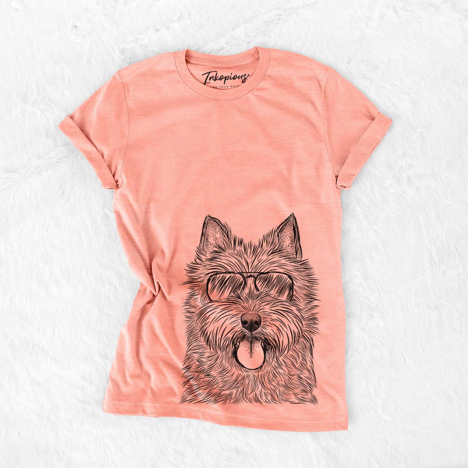 Hand-drawn sketch of Alfie the Norwich Terrier wearing aviator sunglasses on a Sunset Bella Canvas Unisex Crewneck