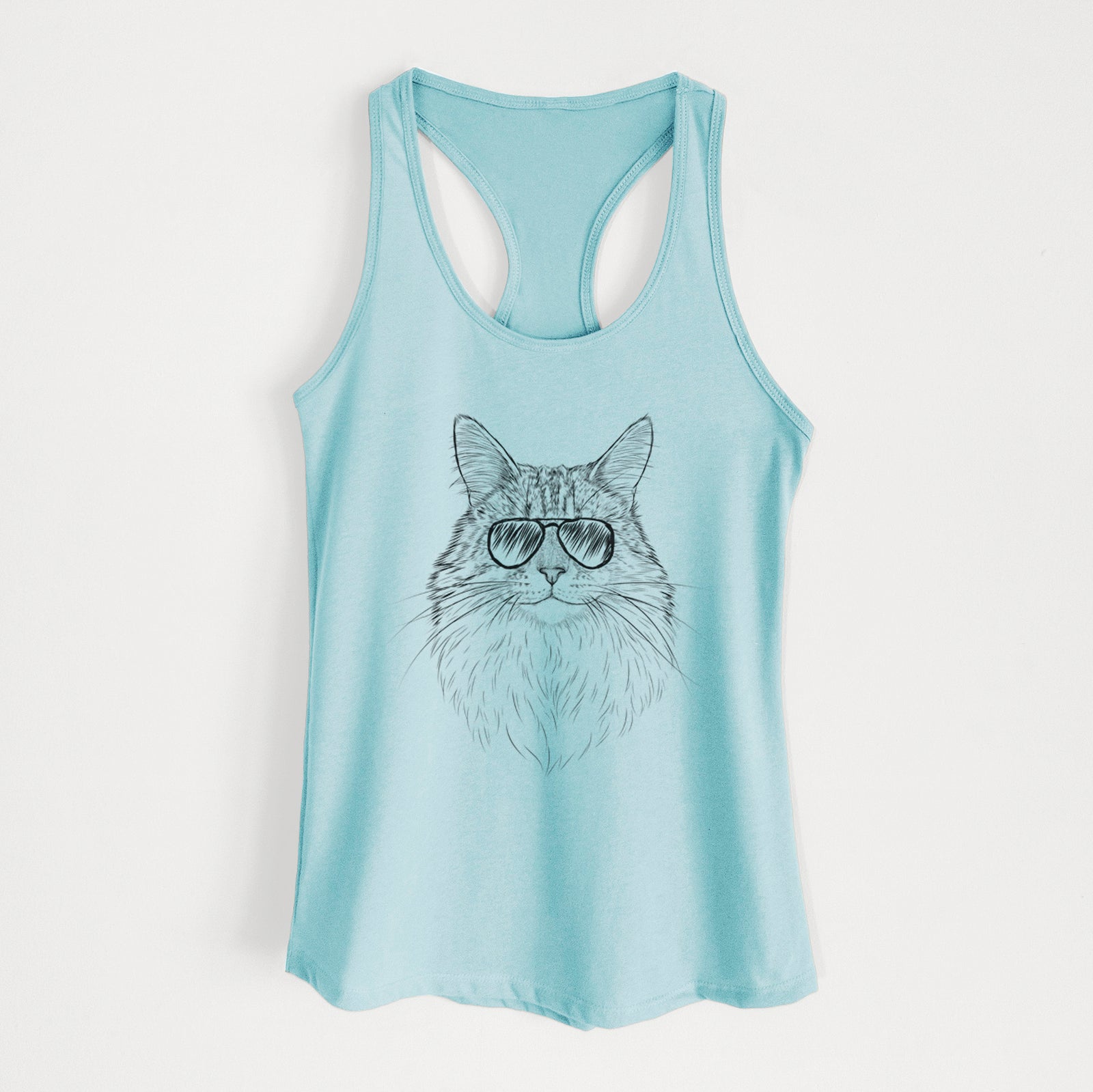 Hand-drawn sketch of Angel the Maine Coon Cat wearing aviator sunglasses on a Cancun Blue Women's racerback tanktop