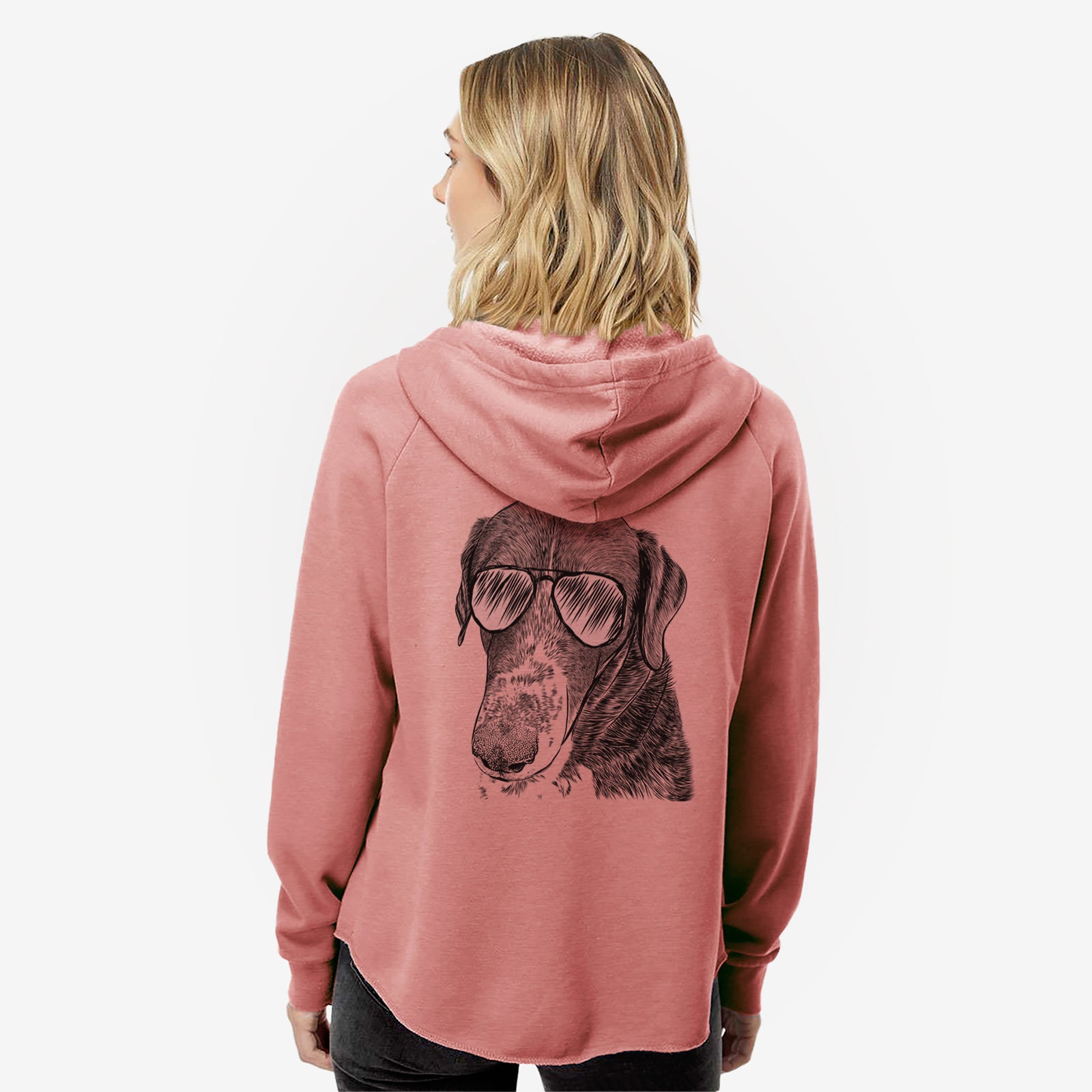Hand-drawn sketch of Angel Orion the Mixed Breed wearing aviator sunglasses on a Dusty Rose Women's cali wave zip-up sweatshirt