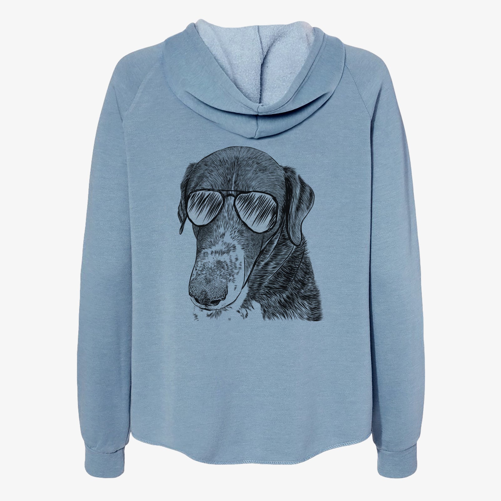 Hand-drawn sketch of Angel Orion the Mixed Breed wearing aviator sunglasses on a Misty Blue Women's cali wave zip-up sweatshirt