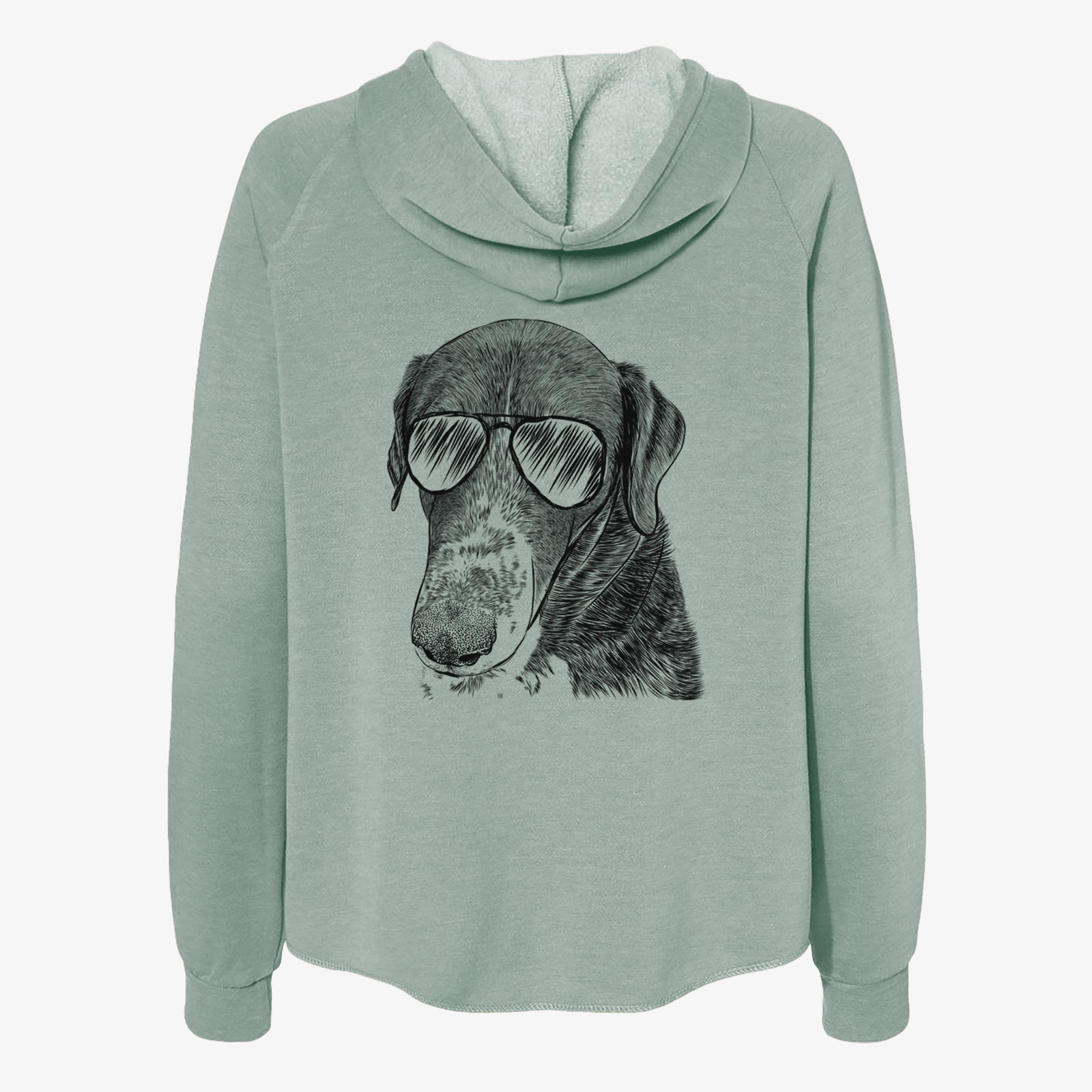 Hand-drawn sketch of Angel Orion the Mixed Breed wearing aviator sunglasses on a Sage Women's cali wave zip-up sweatshirt