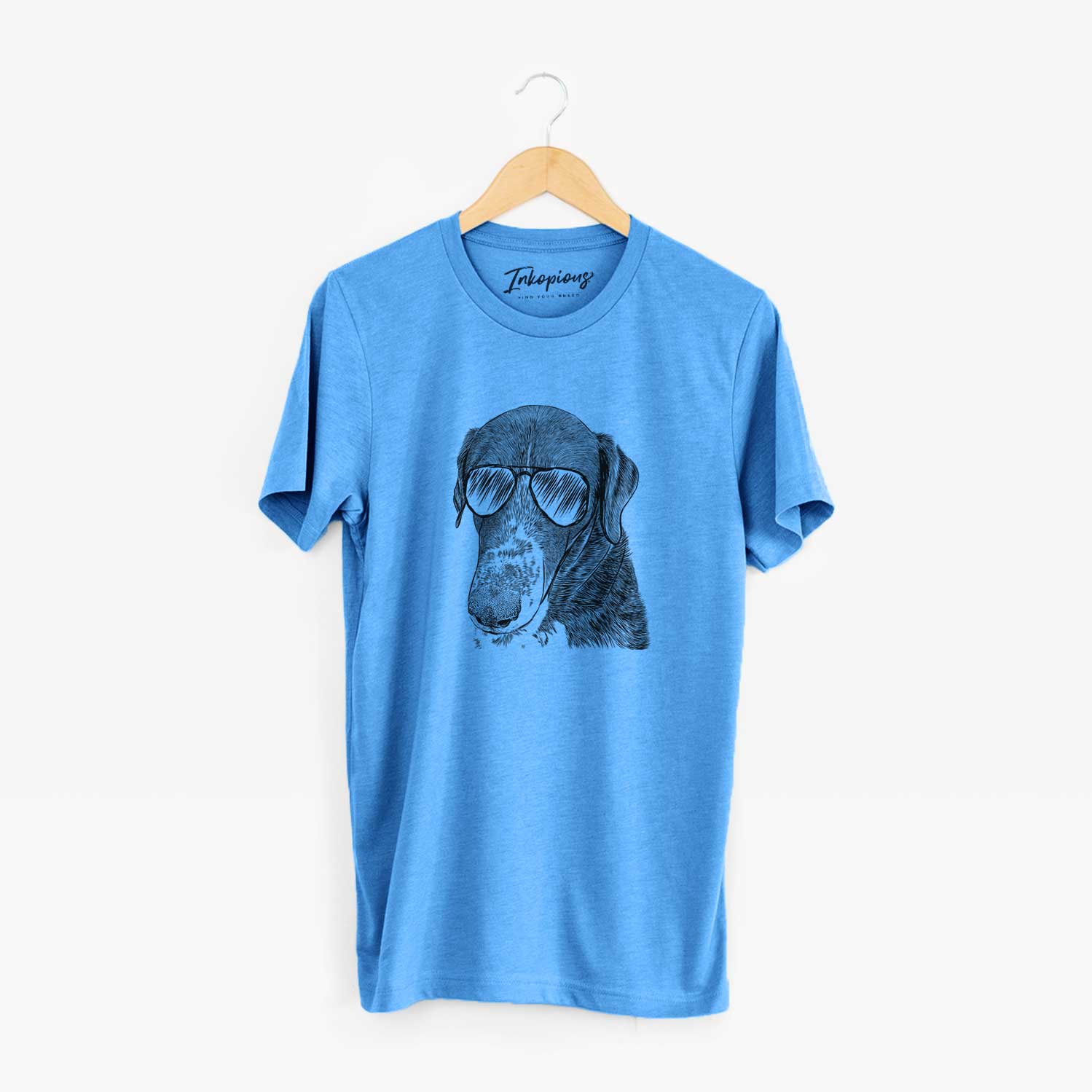Hand-drawn sketch of Angel Orion the Mixed Breed wearing aviator sunglasses on a Blue Unisex crewneck