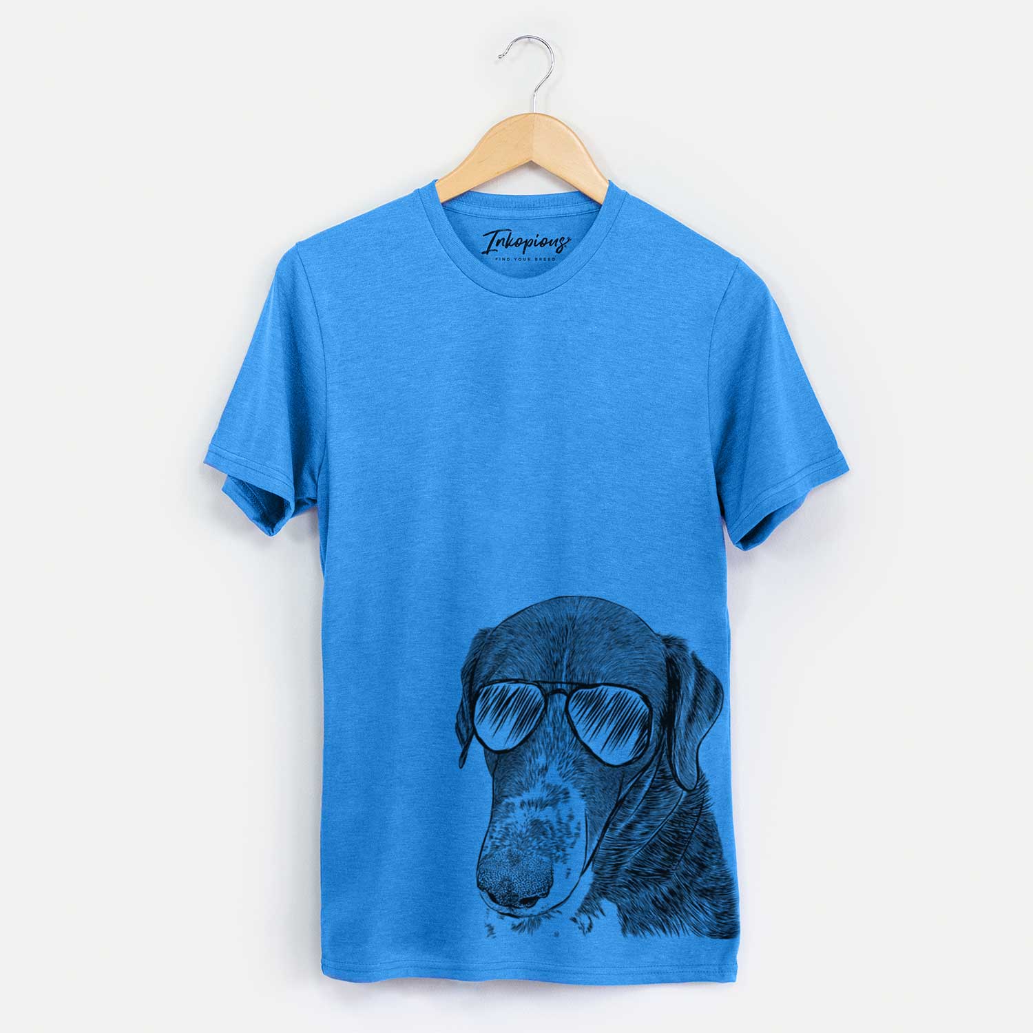 Hand-drawn sketch of Angel Orion the Mixed Breed wearing aviator sunglasses on a Blue Unisex crewneck