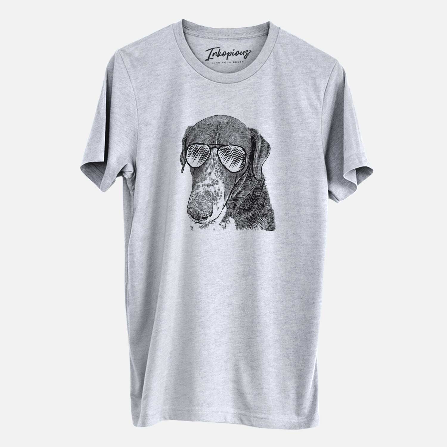 Hand-drawn sketch of Angel Orion the Mixed Breed wearing aviator sunglasses on a Grey Unisex crewneck