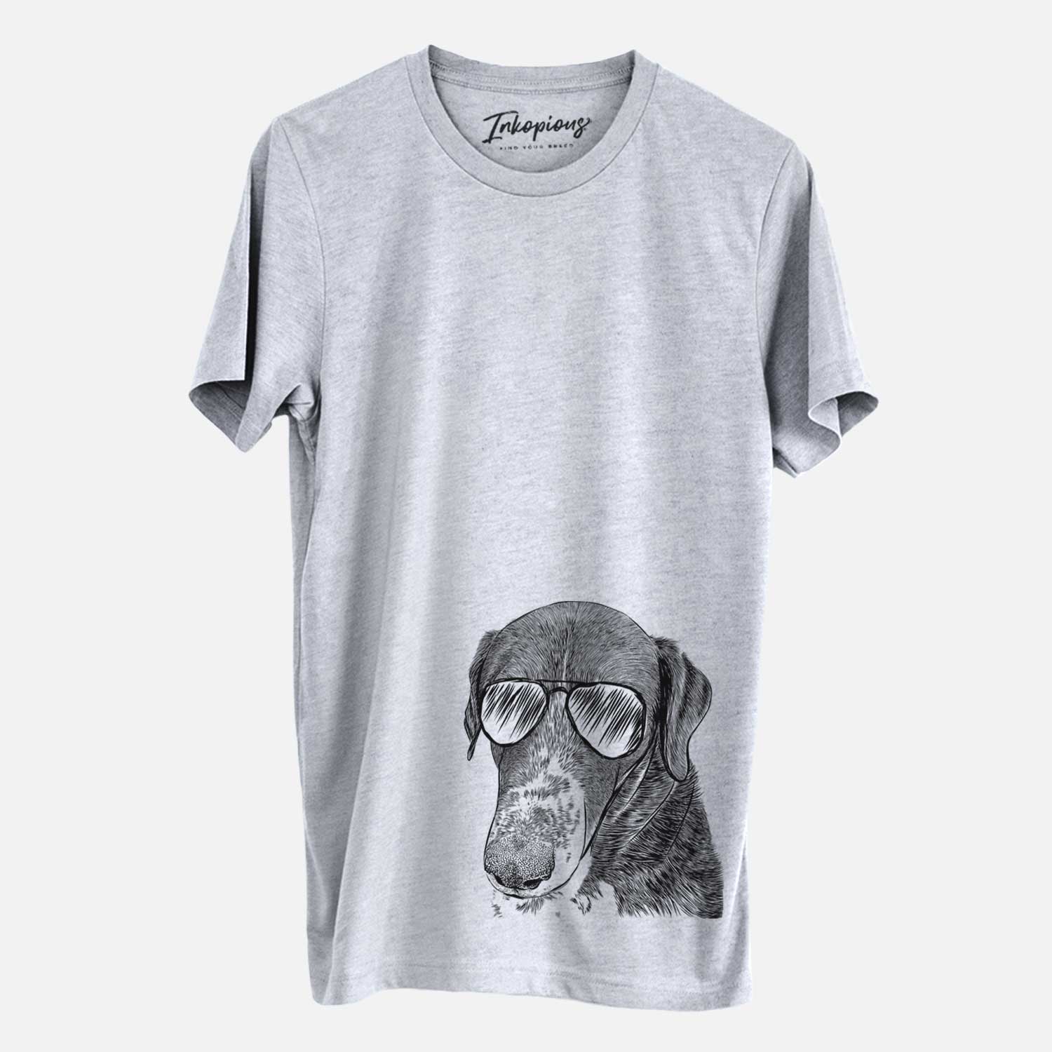 Hand-drawn sketch of Angel Orion the Mixed Breed wearing aviator sunglasses on a Grey Unisex crewneck