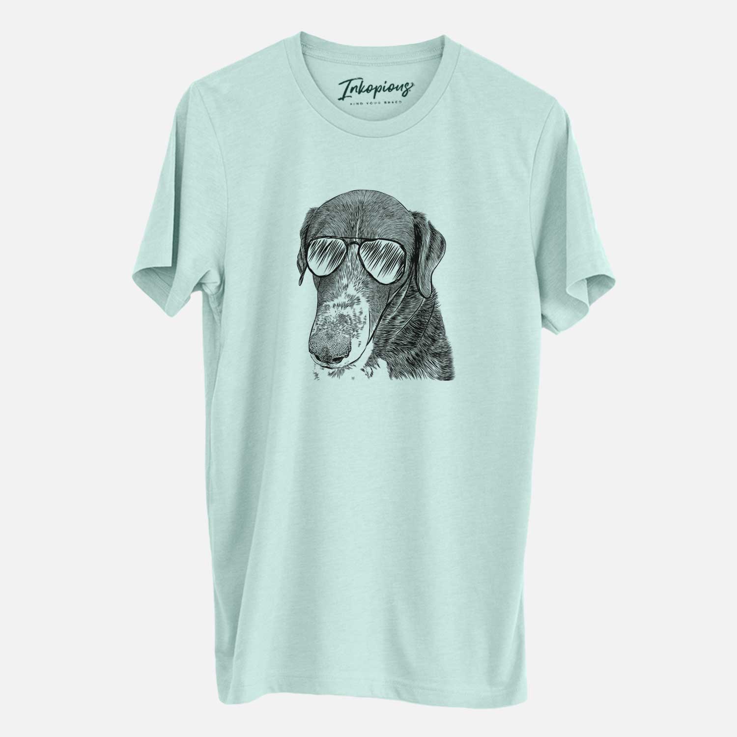 Hand-drawn sketch of Angel Orion the Mixed Breed wearing aviator sunglasses on a Heather Sage Unisex crewneck