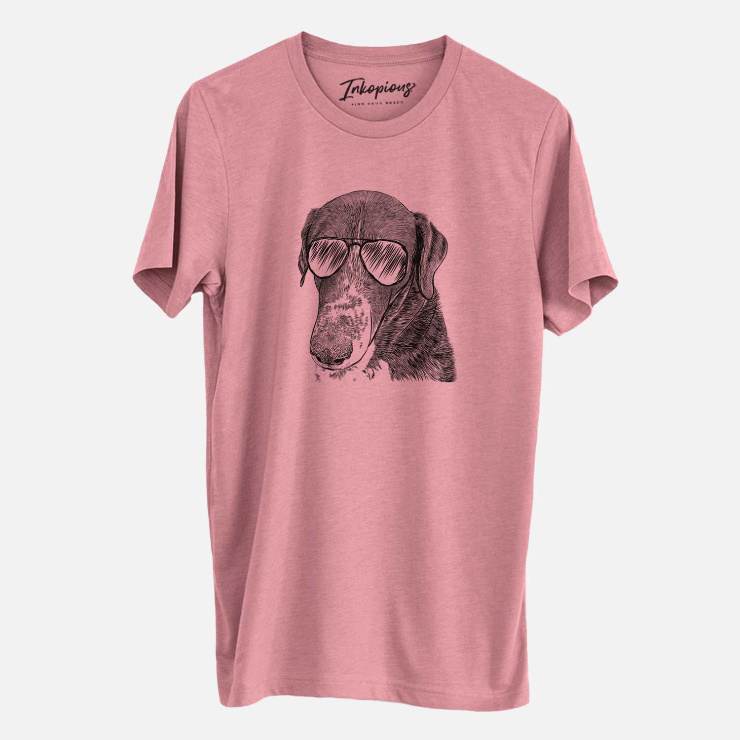 Hand-drawn sketch of Angel Orion the Mixed Breed wearing aviator sunglasses on a Mauve Unisex crewneck