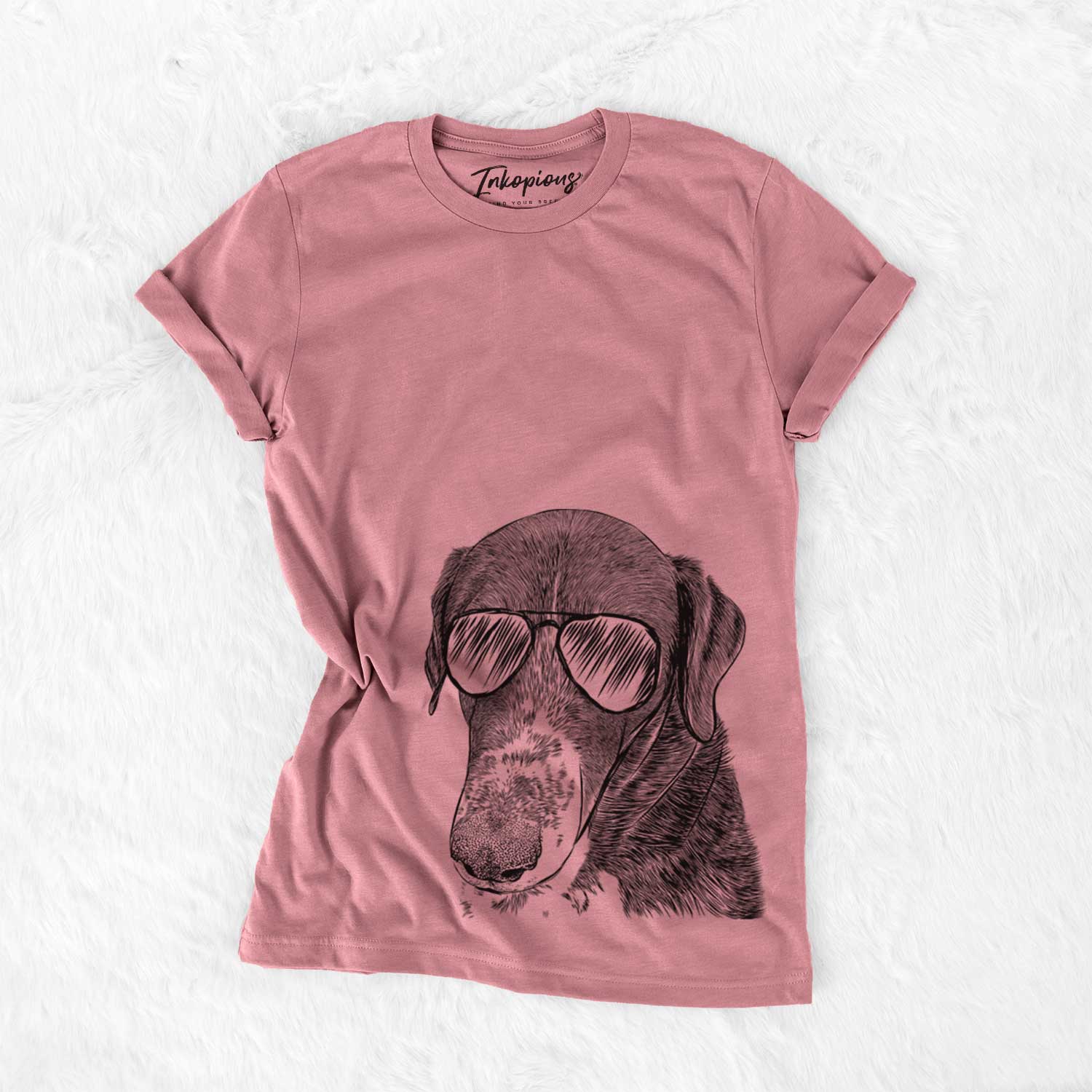Hand-drawn sketch of Angel Orion the Mixed Breed wearing aviator sunglasses on a Mauve Unisex crewneck