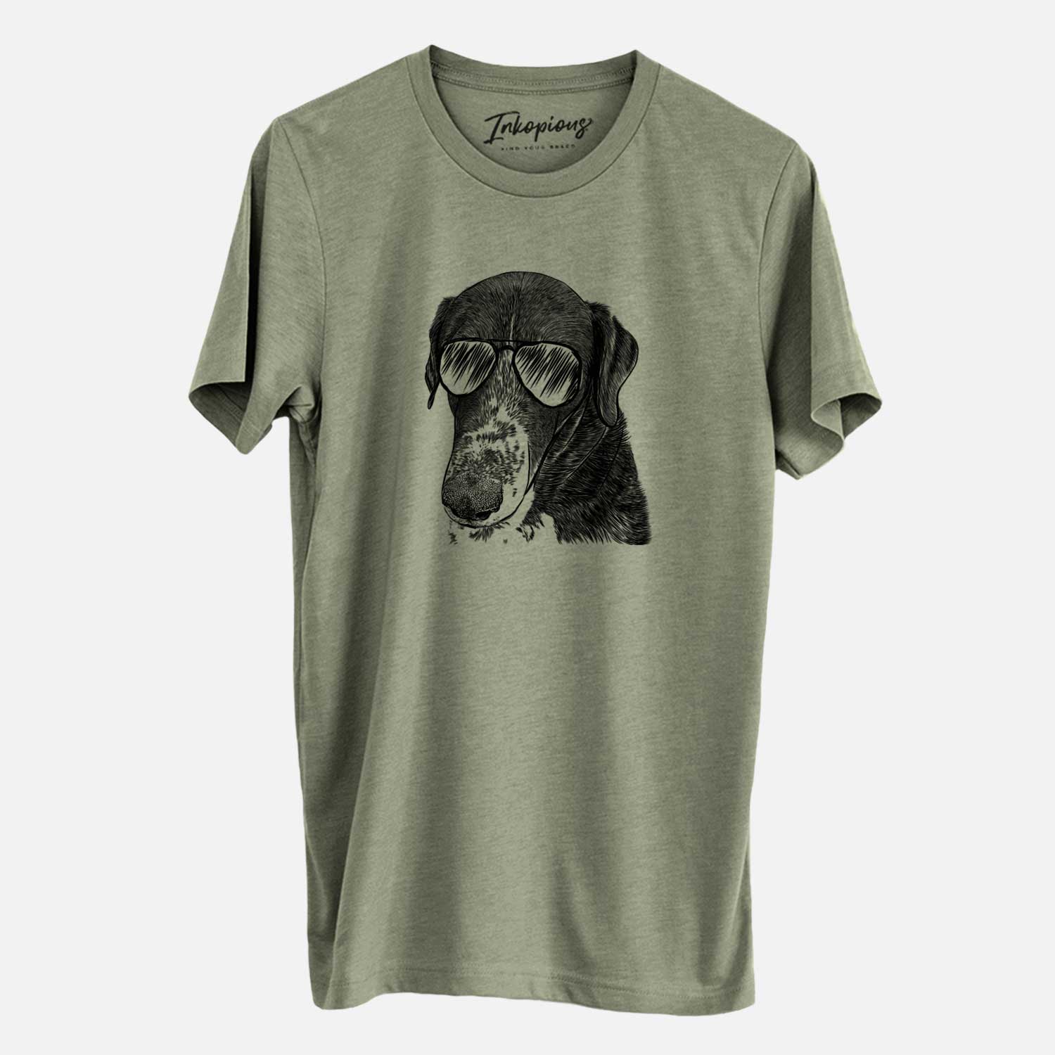 Hand-drawn sketch of Angel Orion the Mixed Breed wearing aviator sunglasses on an Olive Unisex crewneck
