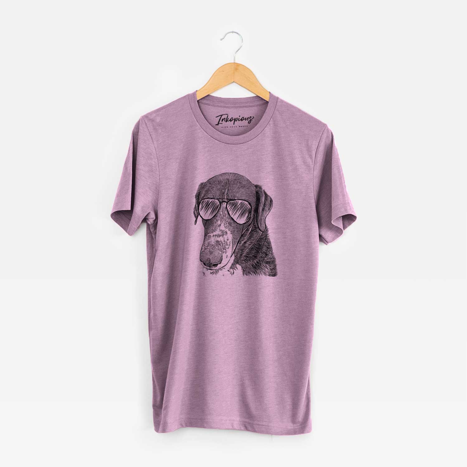 Hand-drawn sketch of Angel Orion the Mixed Breed wearing aviator sunglasses on an Orchid Unisex crewneck