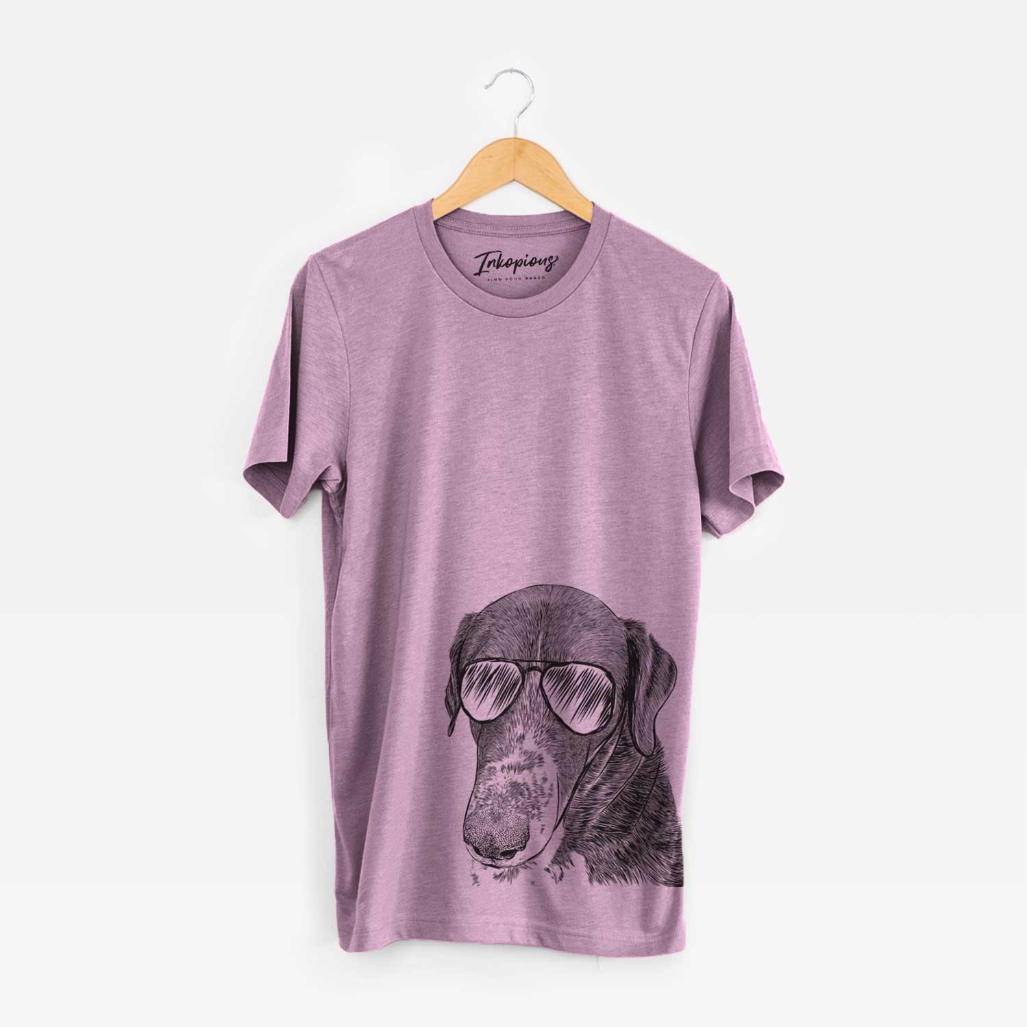 Hand-drawn sketch of Angel Orion the Mixed Breed wearing aviator sunglasses on an Orchid Unisex crewneck