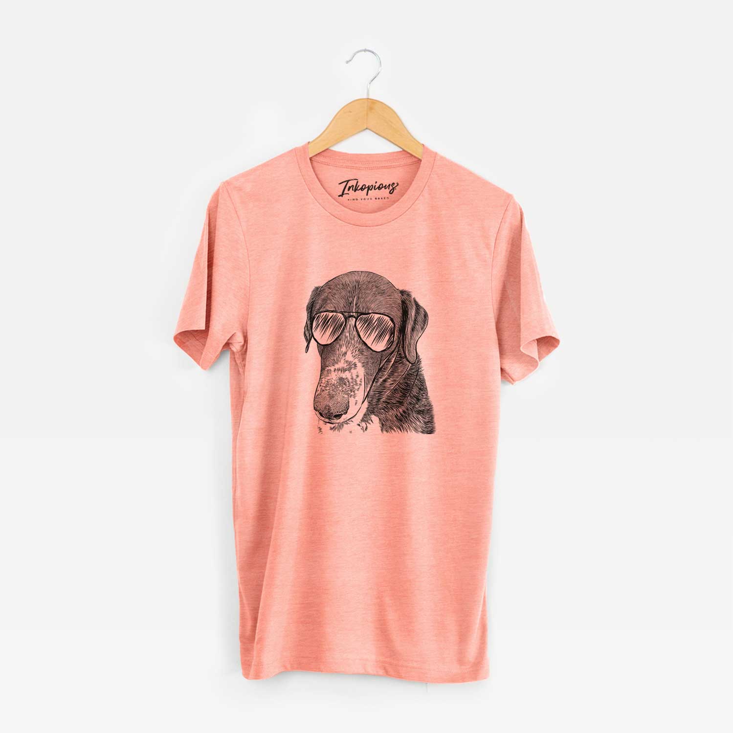 Hand-drawn sketch of Angel Orion the Mixed Breed wearing aviator sunglasses on a Sunset Unisex crewneck