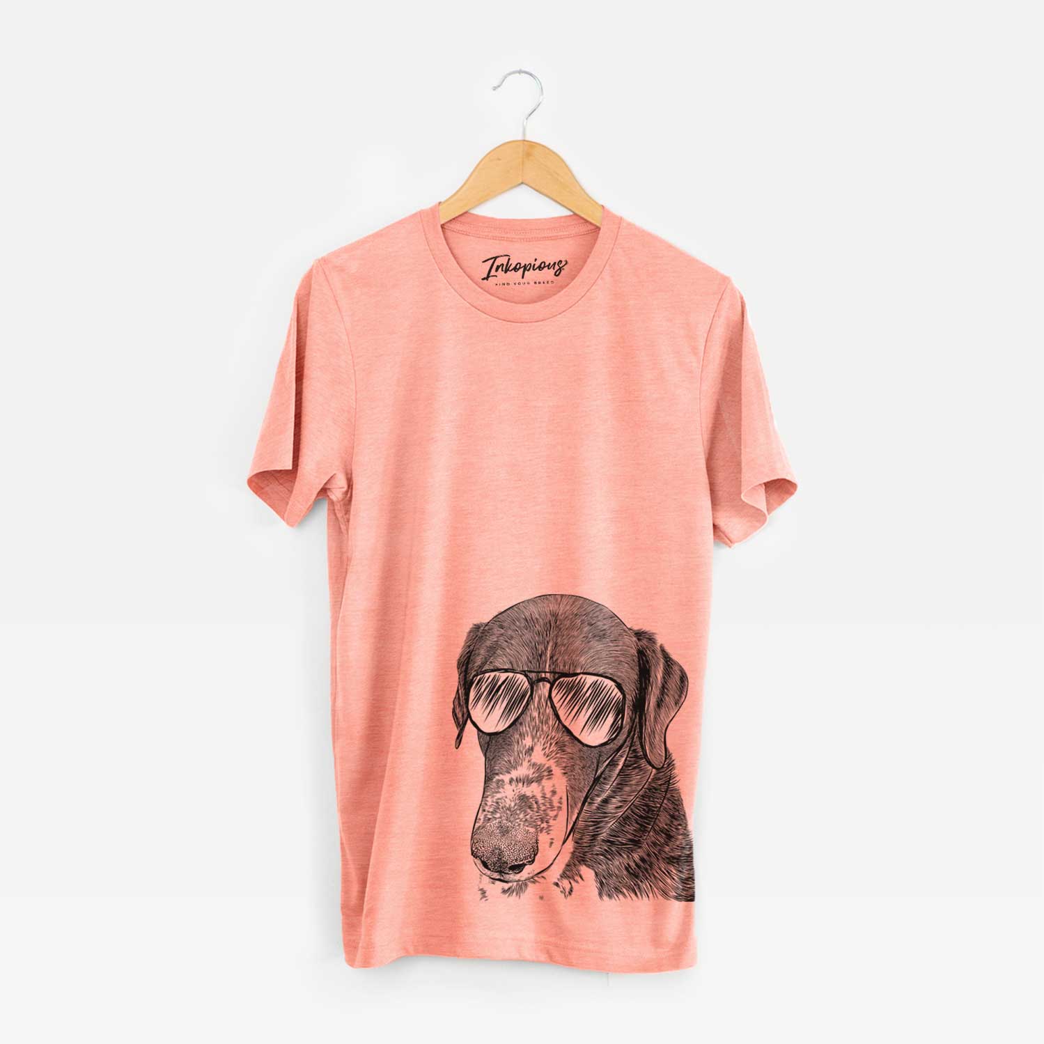 Hand-drawn sketch of Angel Orion the Mixed Breed wearing aviator sunglasses on a Sunset Unisex crewneck