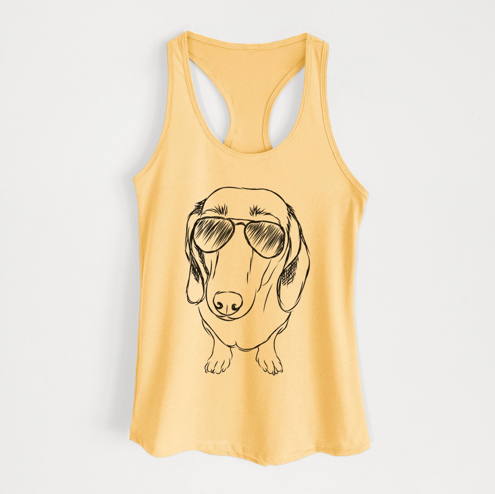 Hand-drawn sketch of Annabelle the Dachshund wearing aviator sunglasses on a Banana Cream Women's racerback tanktop