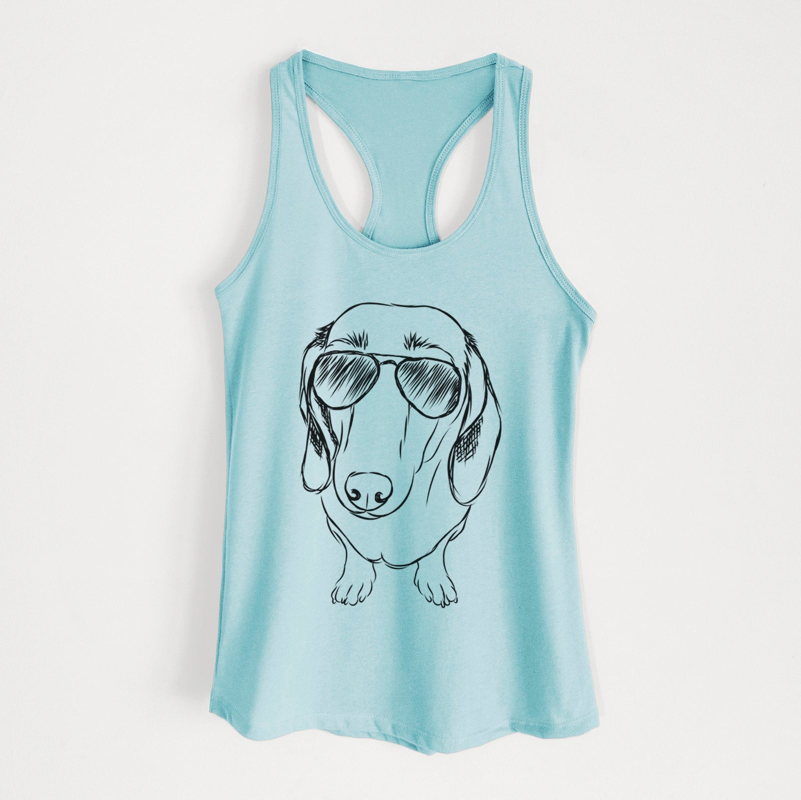Hand-drawn sketch of Annabelle the Dachshund wearing aviator sunglasses on a Cancun Blue Women's racerback tanktop