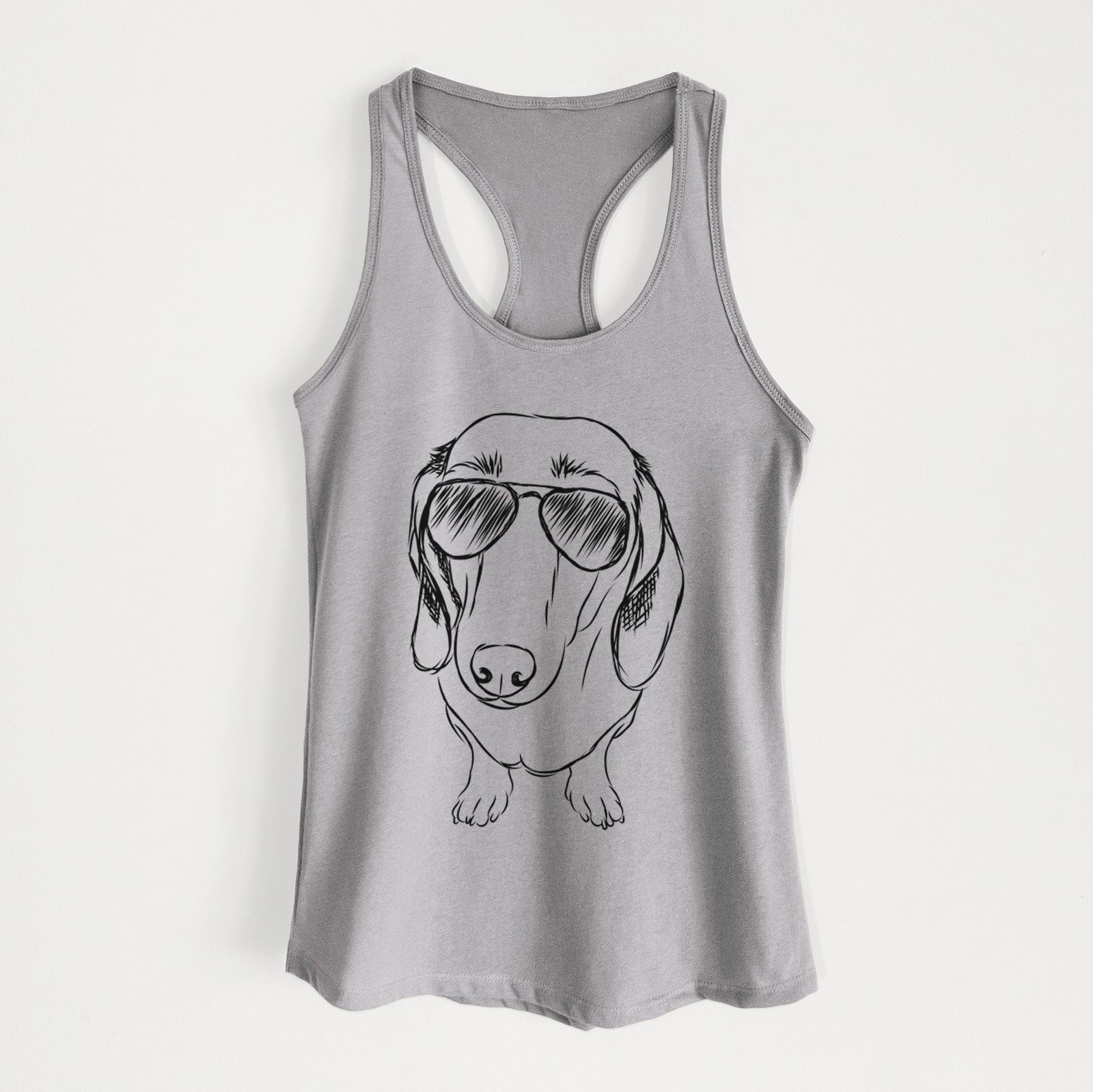 Hand-drawn sketch of Annabelle the Dachshund wearing aviator sunglasses on a Heather Grey Women's racerback tanktop