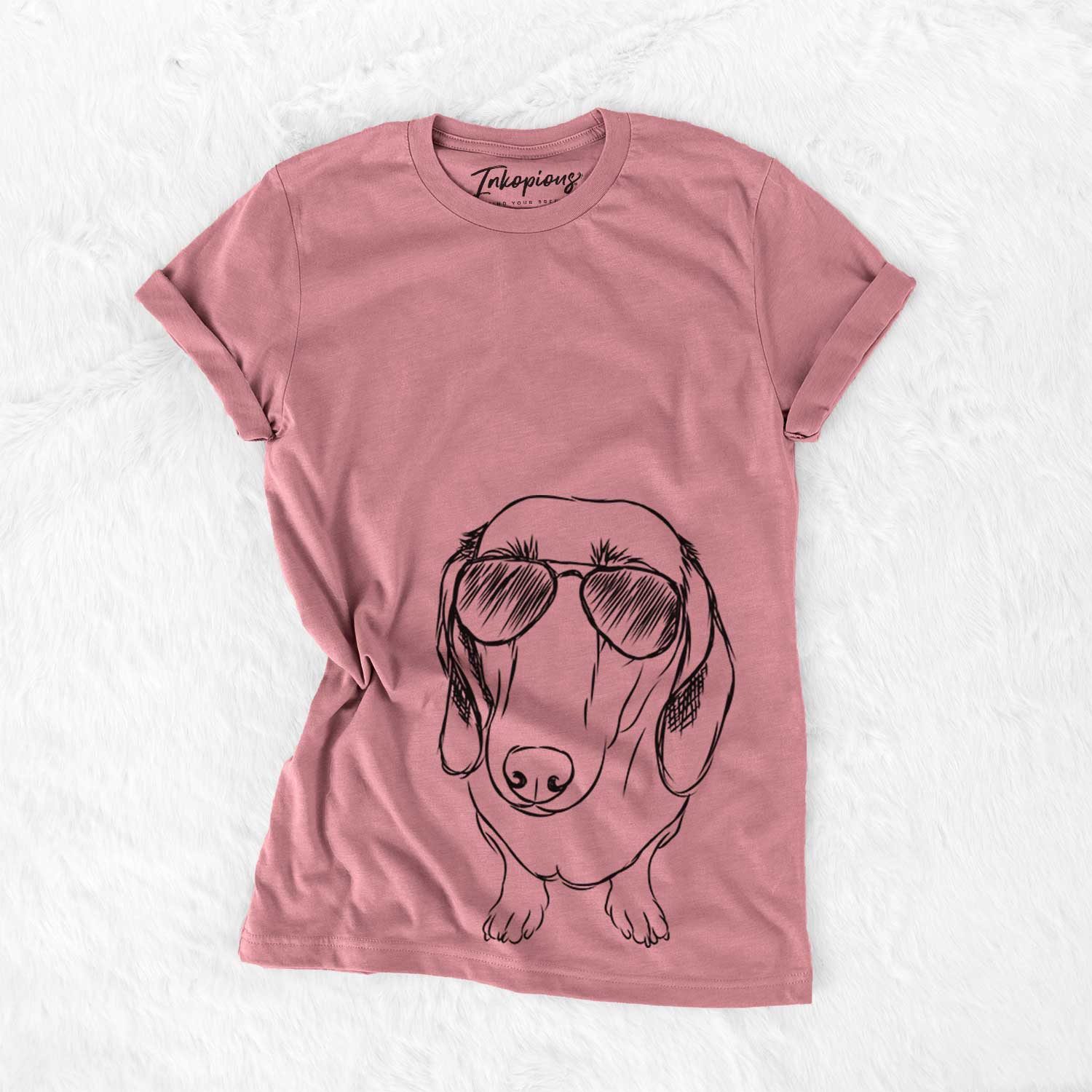Hand-drawn sketch of Annabelle the Dachshund wearing aviator sunglasses on a Mauve Bella Canvas Unisex Crewneck