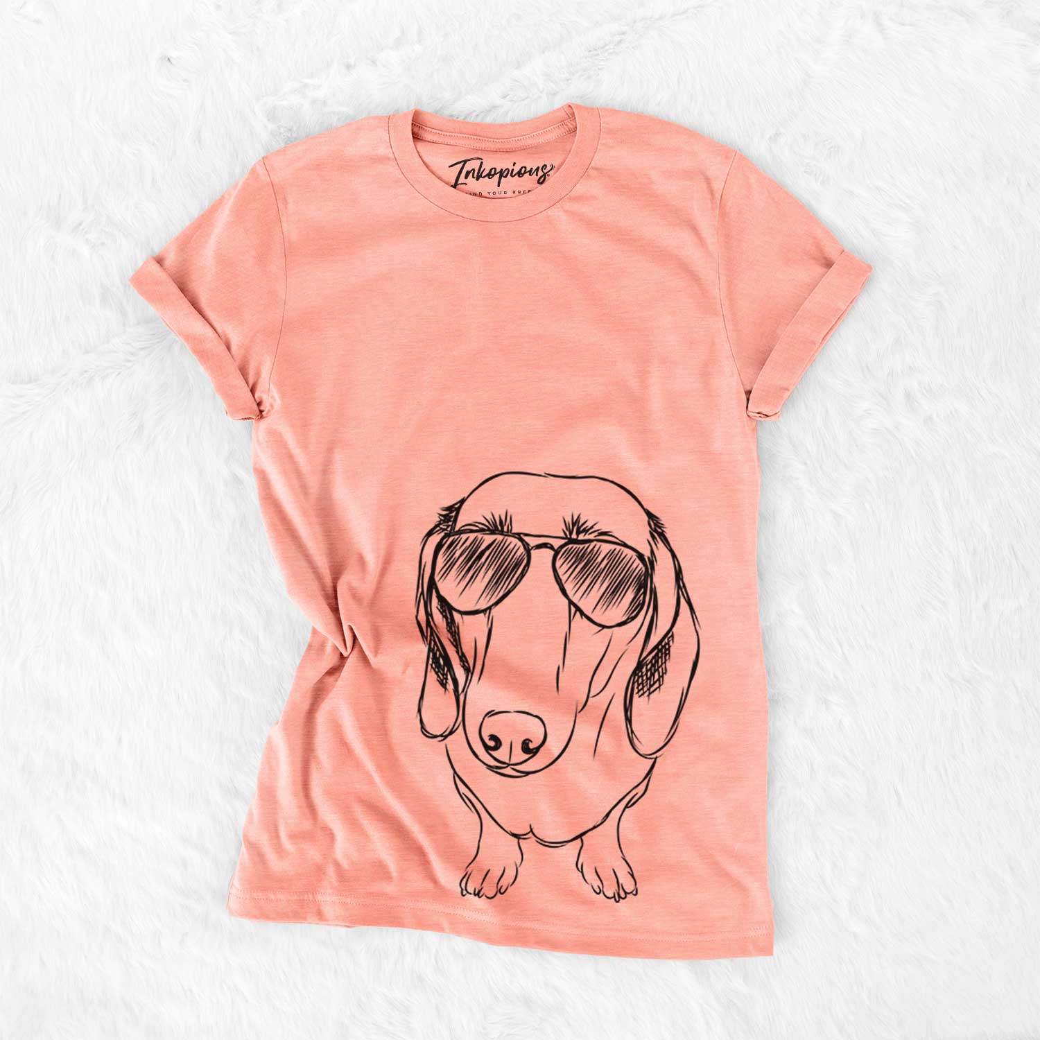 Hand-drawn sketch of Annabelle the Dachshund wearing aviator sunglasses on a Sunset Bella Canvas Unisex Crewneck